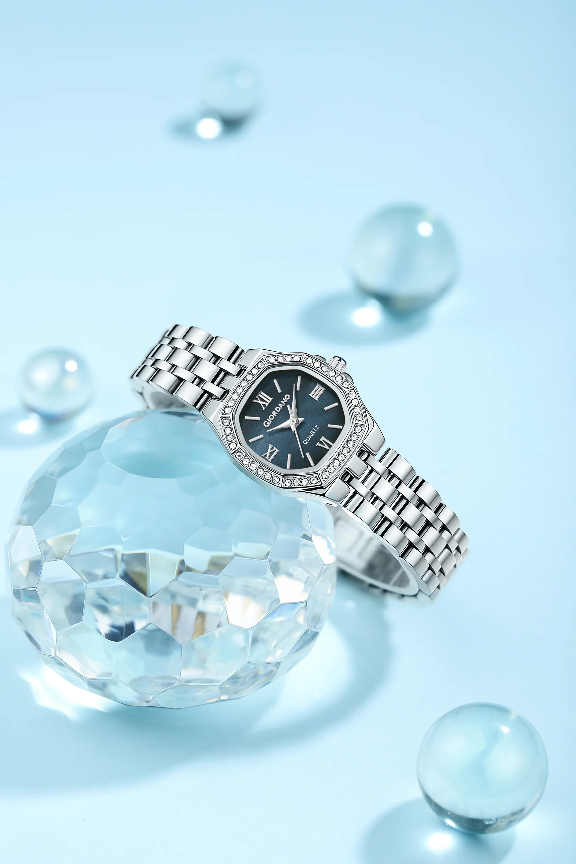 Giordano Analog Quartz Watch for Women with Round Blue Dial, Crystal Studded Bezel, Roman Markers and Stainless Steel Strap - GZ-60162-11 - Image 3