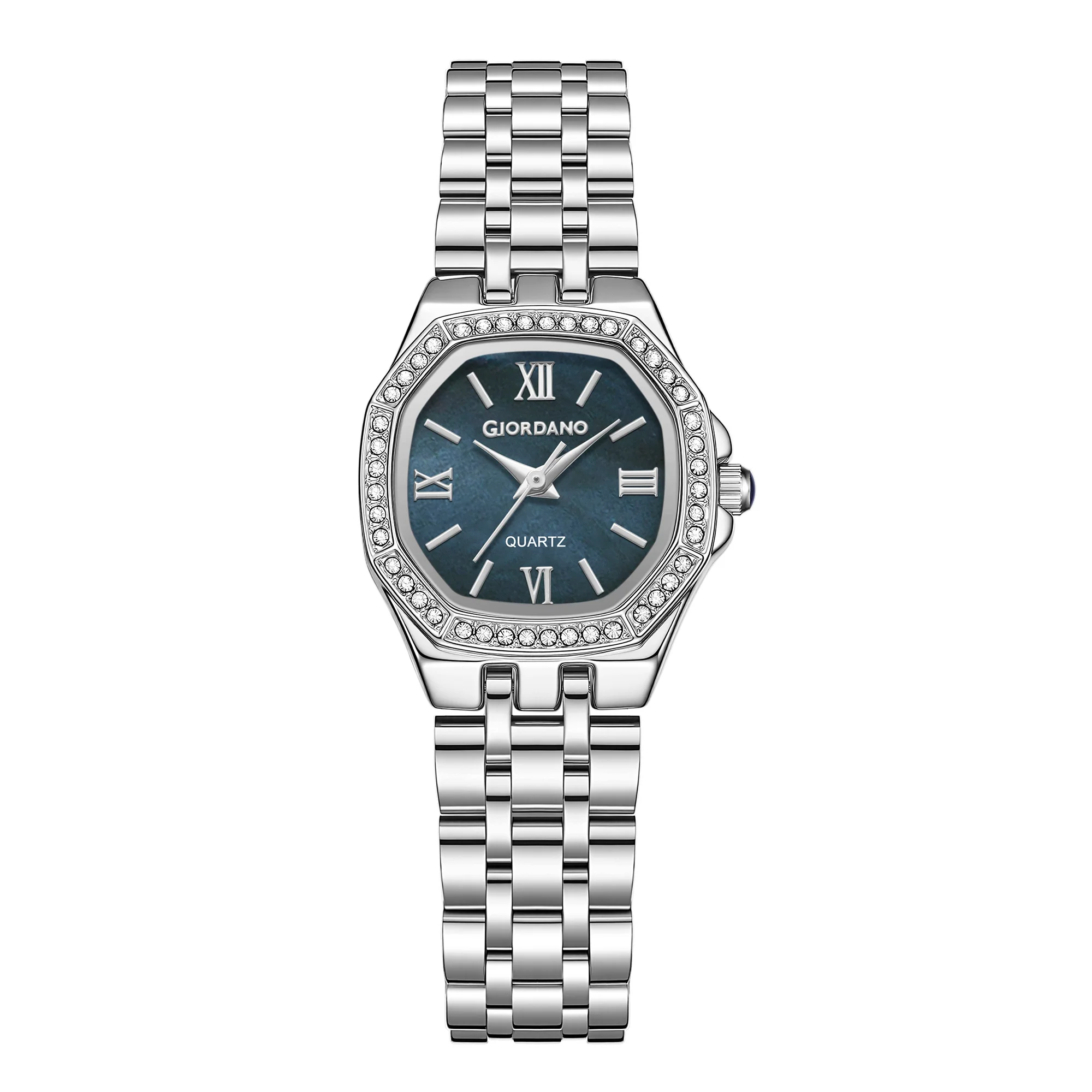Giordano Analog Quartz Watch for Women with Round Blue Dial, Crystal Studded Bezel, Roman Markers and Stainless Steel Strap - GZ-60162-11 - Image 5