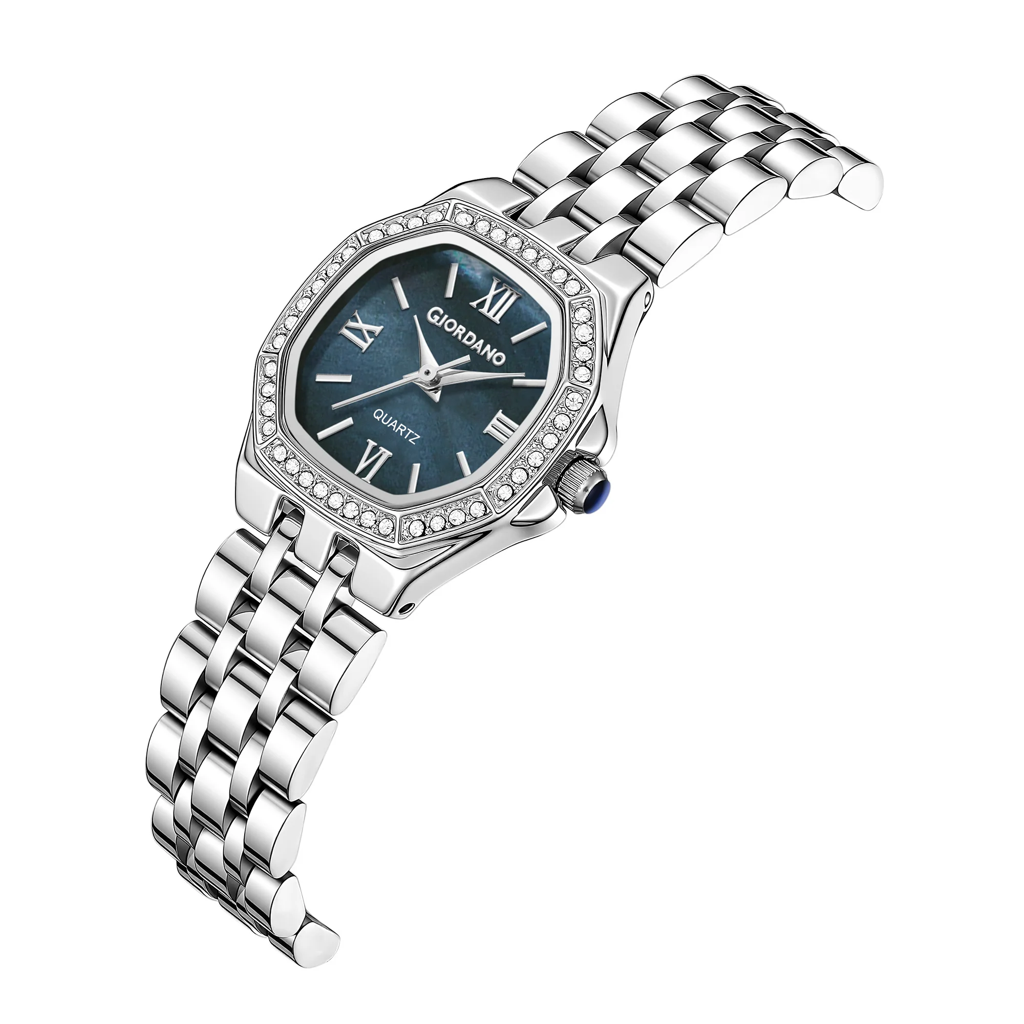 Giordano Analog Quartz Watch for Women with Round Blue Dial, Crystal Studded Bezel, Roman Markers and Stainless Steel Strap - GZ-60162-11 - Image 6
