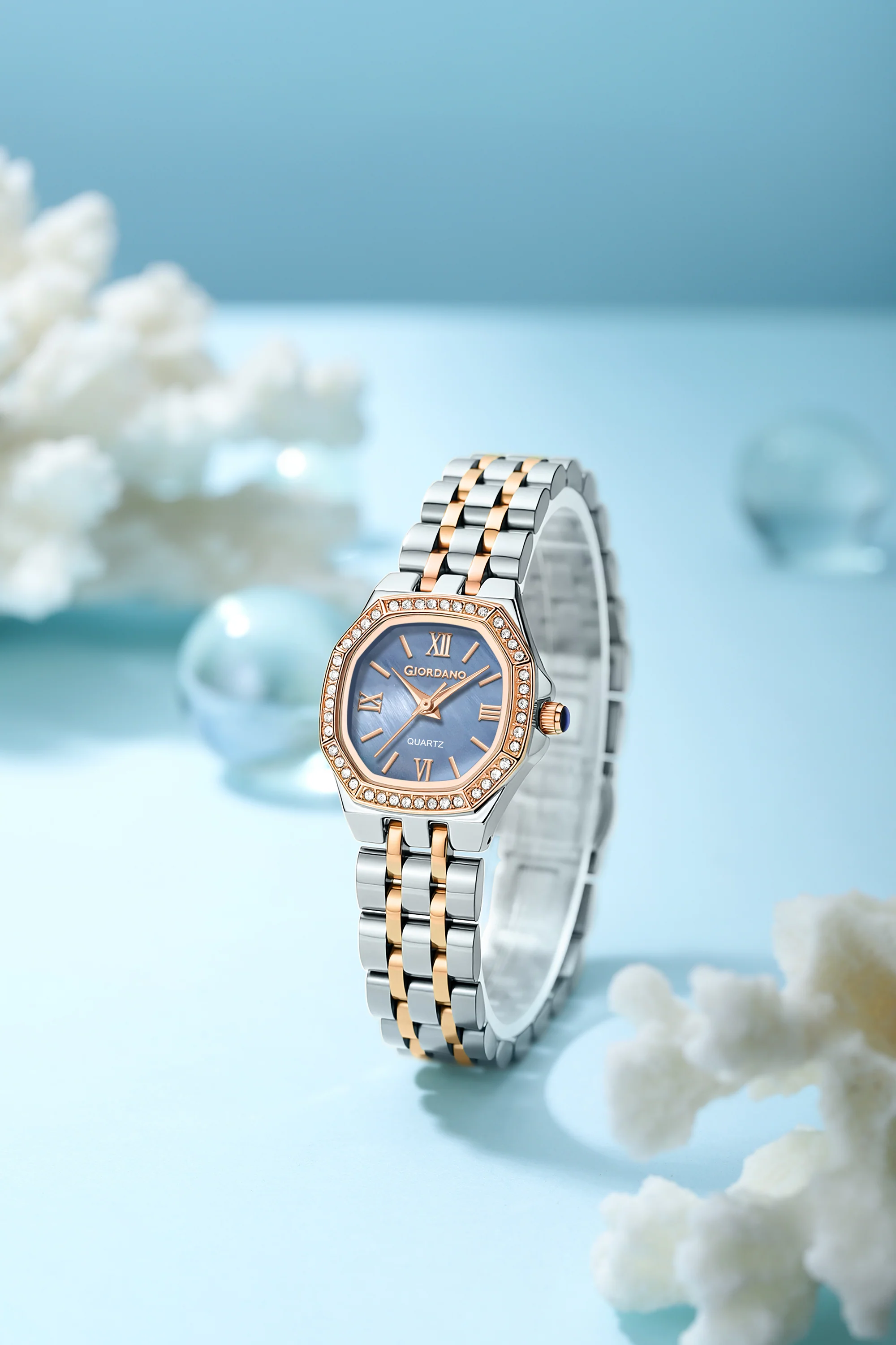 Giordano Analog Quartz Watch for Women with Round Blue Dial, Crystal Studded Bezel, Roman Markers and Stainless Steel Strap - GZ-60162-55 - Image 3