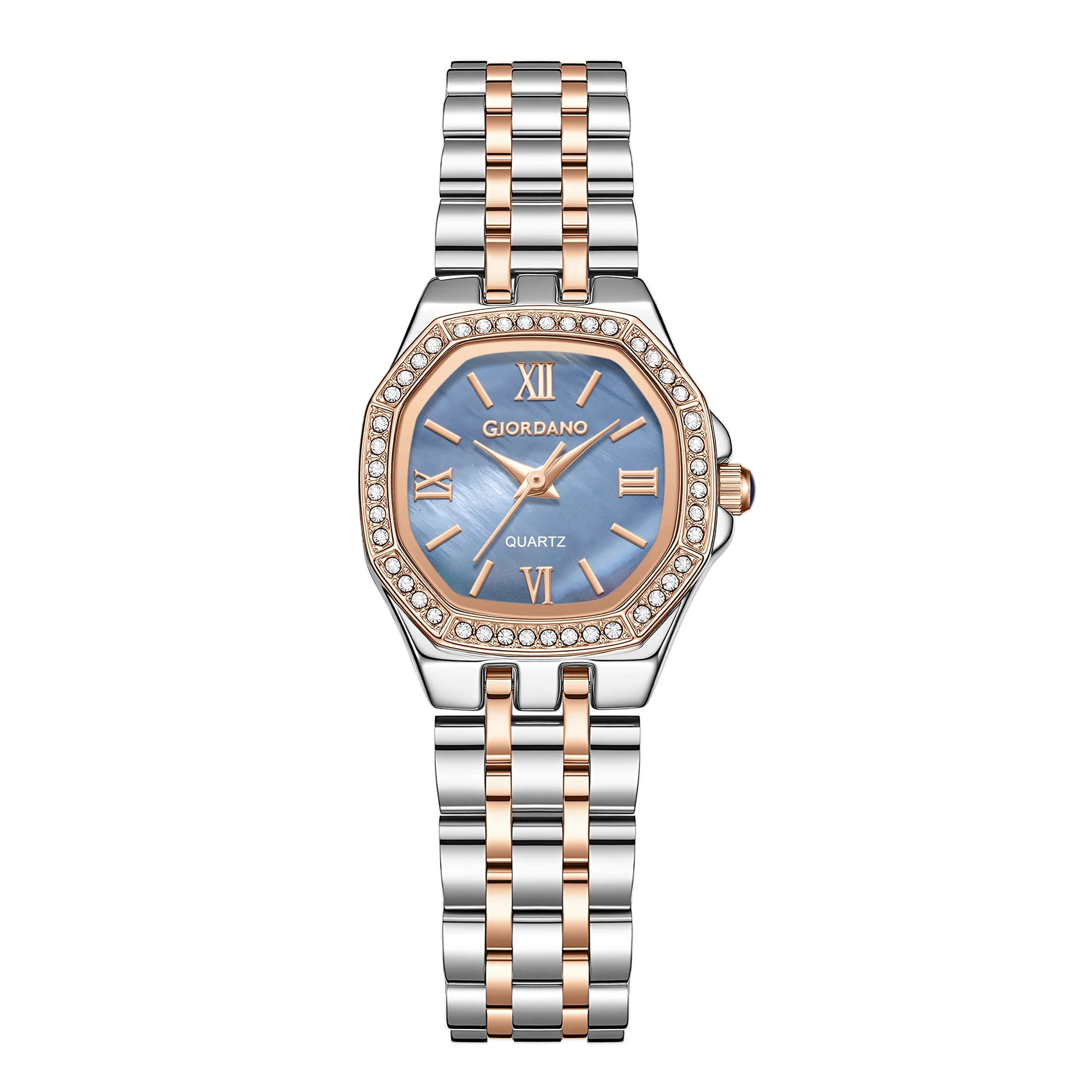 Giordano Analog Quartz Watch for Women with Round Blue Dial, Crystal Studded Bezel, Roman Markers and Stainless Steel Strap - GZ-60162-55 - Image 5
