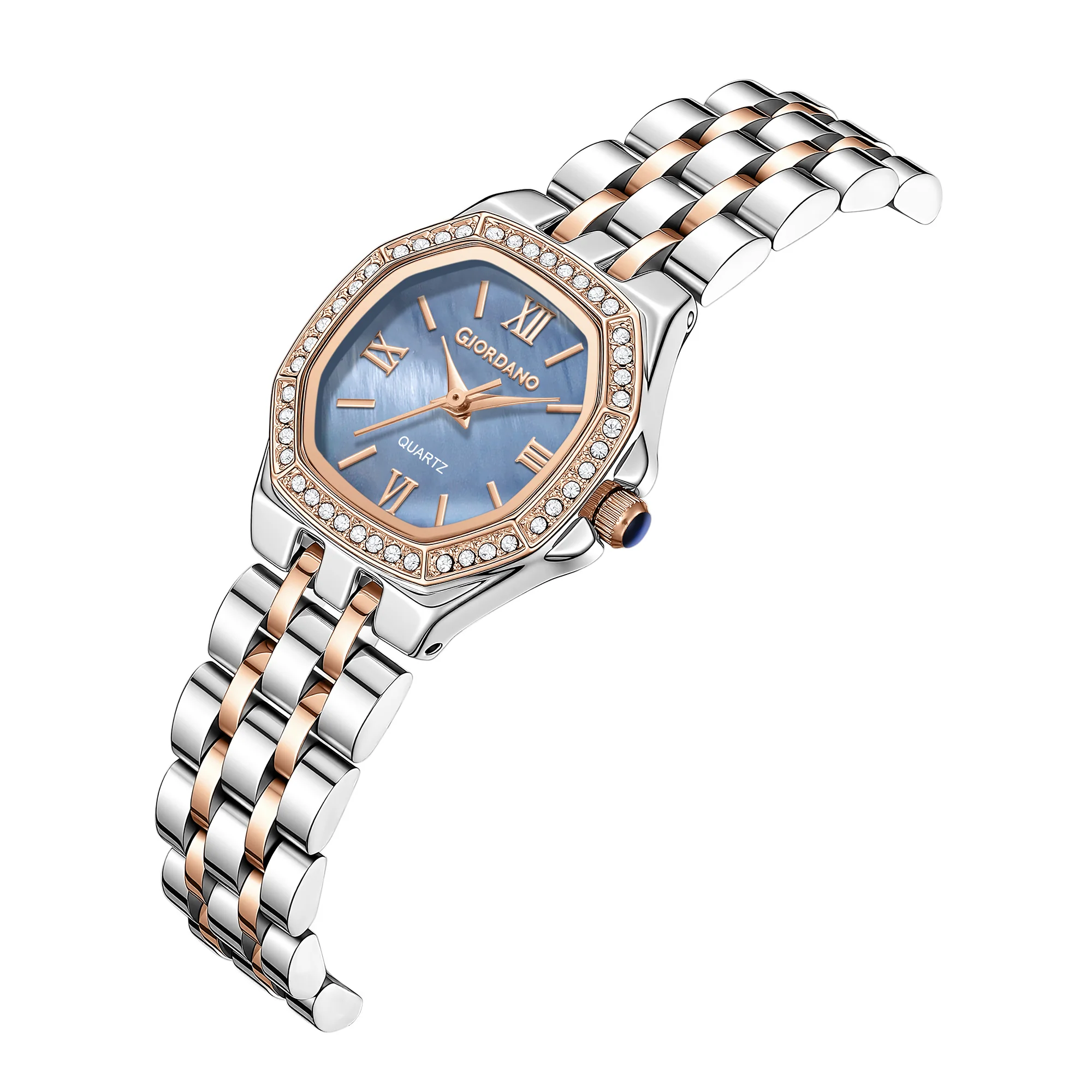 Giordano Analog Quartz Watch for Women with Round Blue Dial, Crystal Studded Bezel, Roman Markers and Stainless Steel Strap - GZ-60162-55 - Image 6