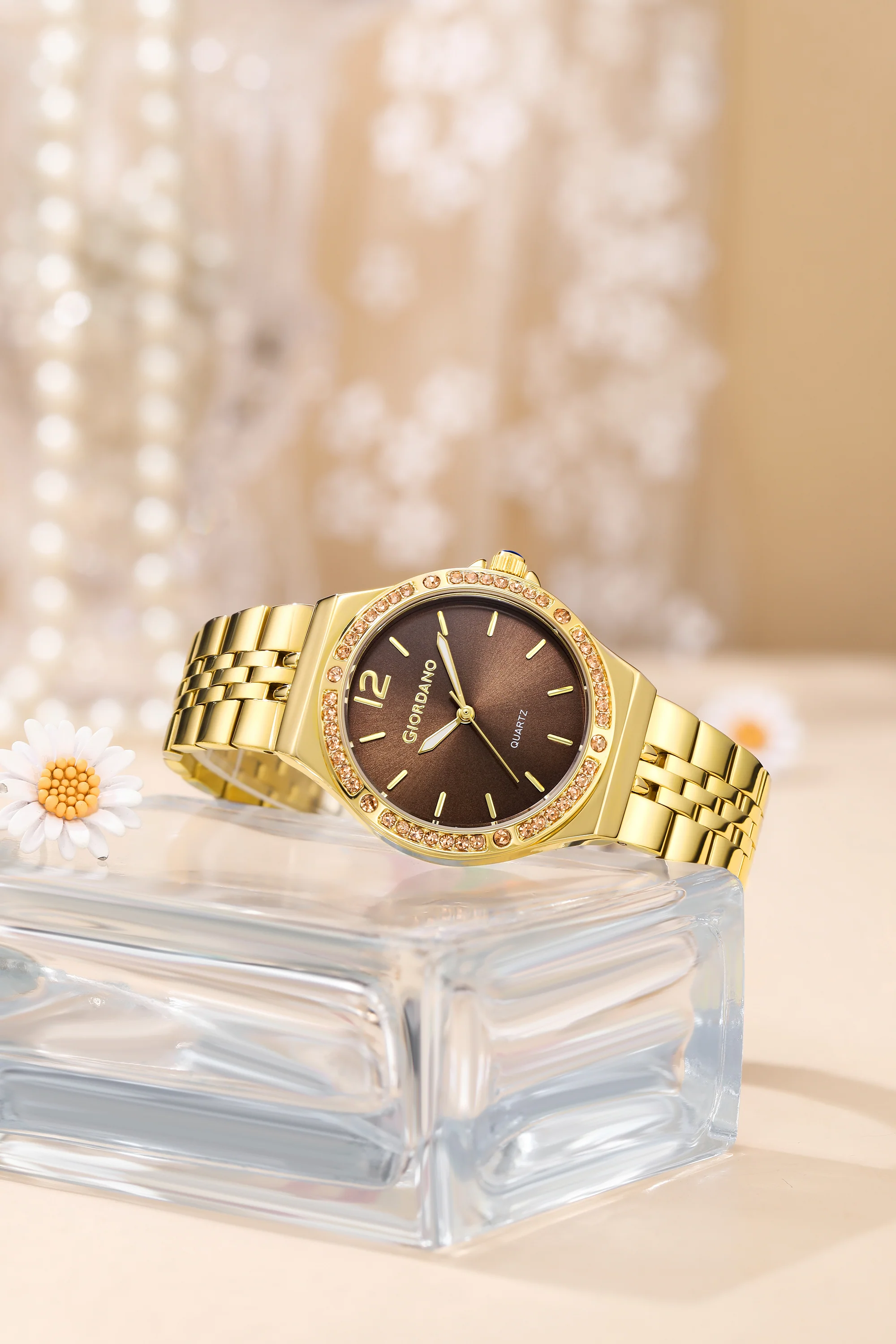 Giordano Analog Quartz Watch for Women with Round Brown Dial, Crystal Studded Bezel, Blue Crown, Luminous Hands, Gold Stainless Steel Strap - GZ-60159-77 - Image 3