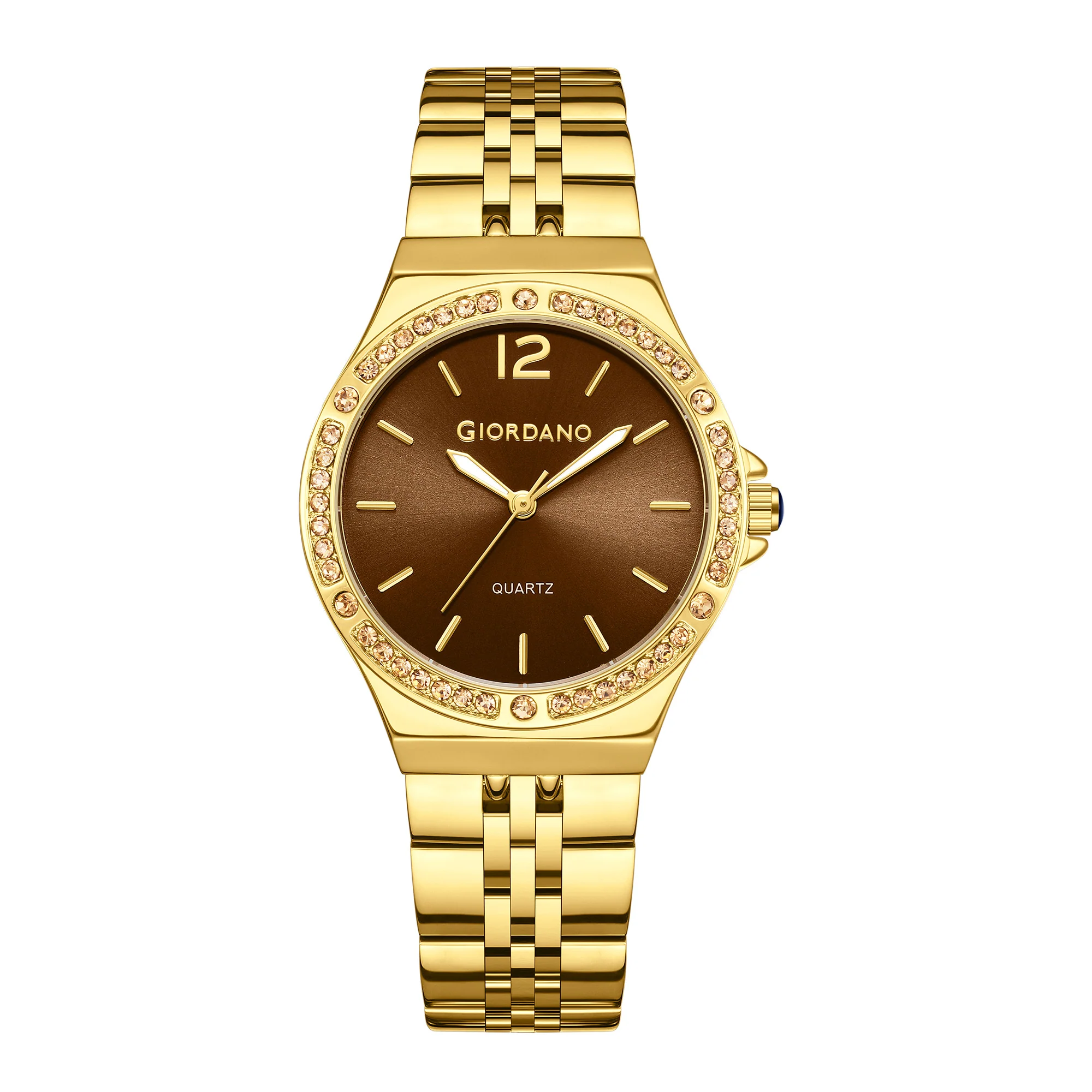 Giordano Analog Quartz Watch for Women with Round Brown Dial, Crystal Studded Bezel, Blue Crown, Luminous Hands, Gold Stainless Steel Strap - GZ-60159-77 - Image 5