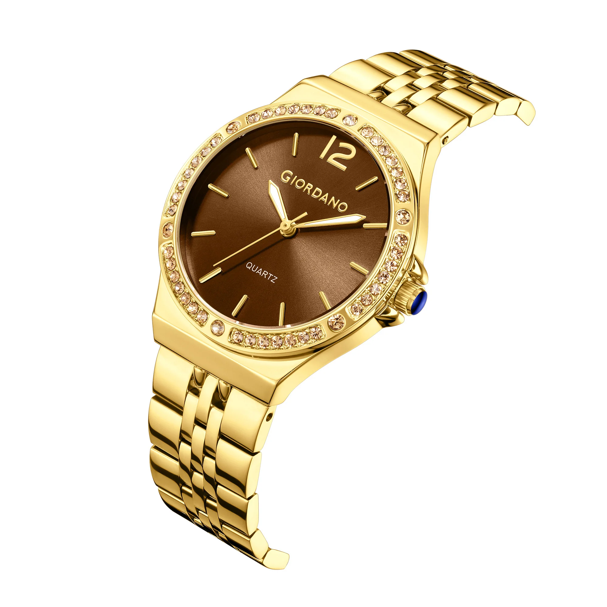 Giordano Analog Quartz Watch for Women with Round Brown Dial, Crystal Studded Bezel, Blue Crown, Luminous Hands, Gold Stainless Steel Strap - GZ-60159-77 - Image 6