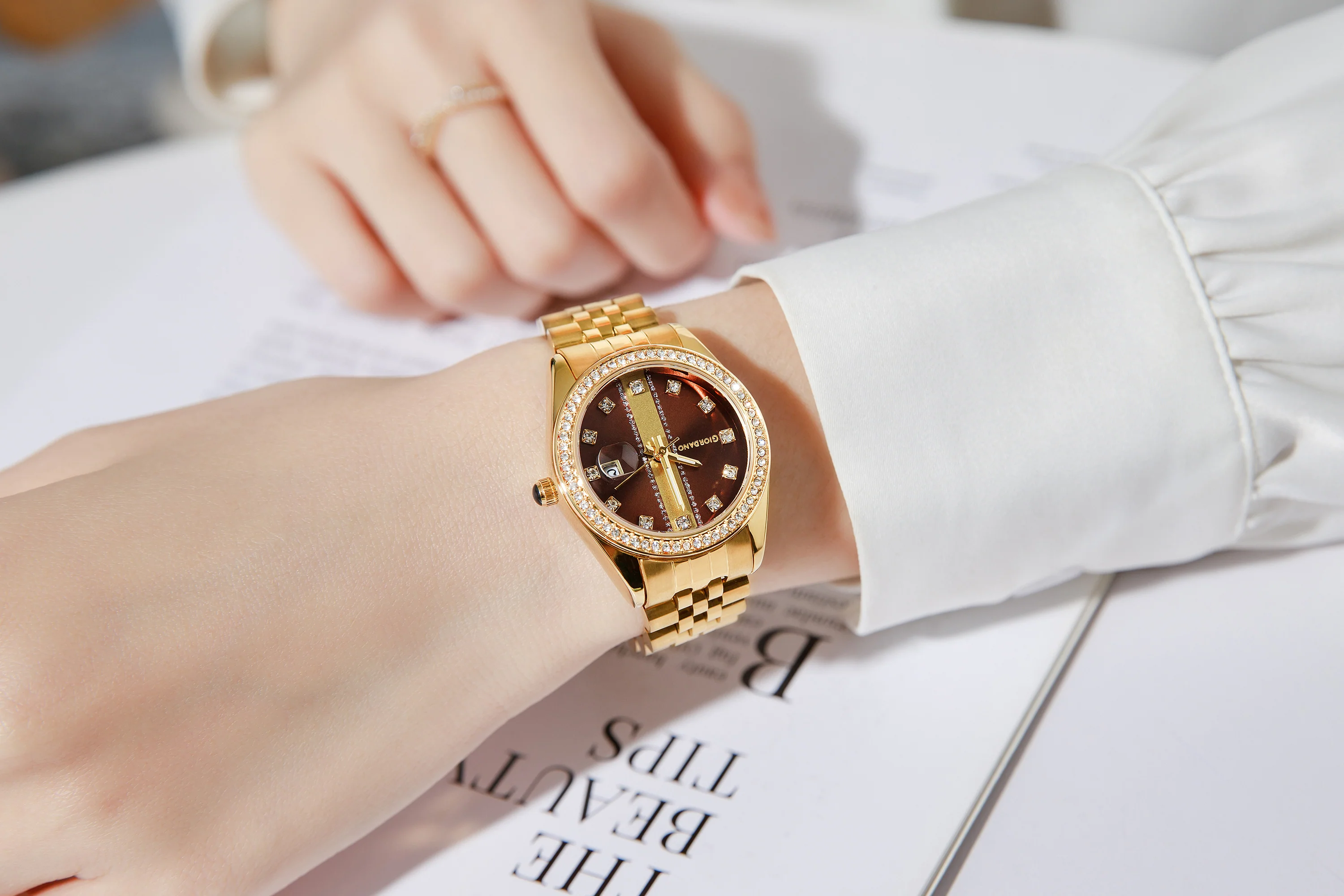 Giordano Analog Quartz Watch for Women with Round Brown Dial, Crystal Studded Bezel, Date Function, Blue Crown, Luminous Hands and Crystal Hour Markers, Gold Stainless Steel Strap - GZ-60151-44 - Image 2