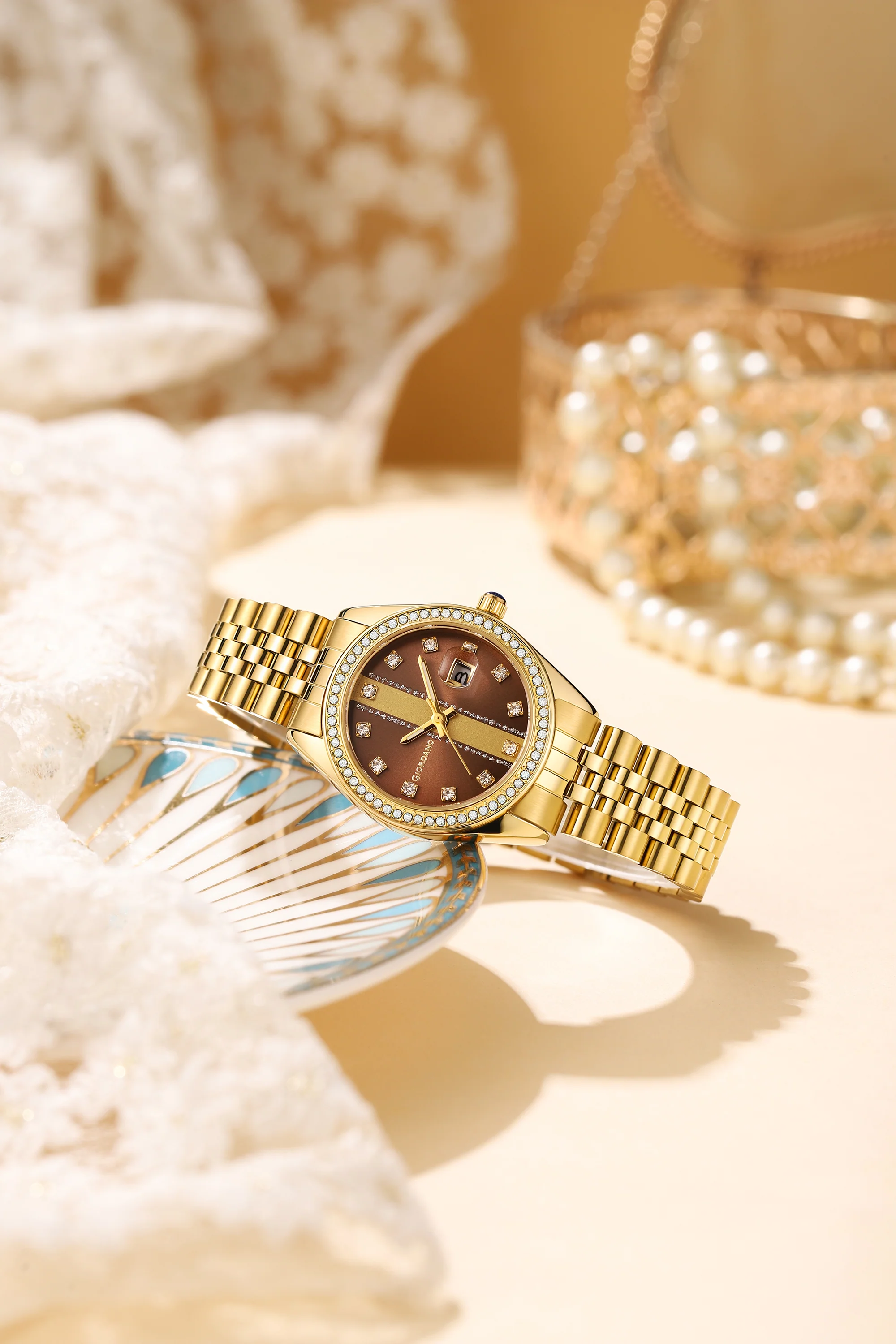 Giordano Analog Quartz Watch for Women with Round Brown Dial, Crystal Studded Bezel, Date Function, Blue Crown, Luminous Hands and Crystal Hour Markers, Gold Stainless Steel Strap - GZ-60151-44 - Image 3