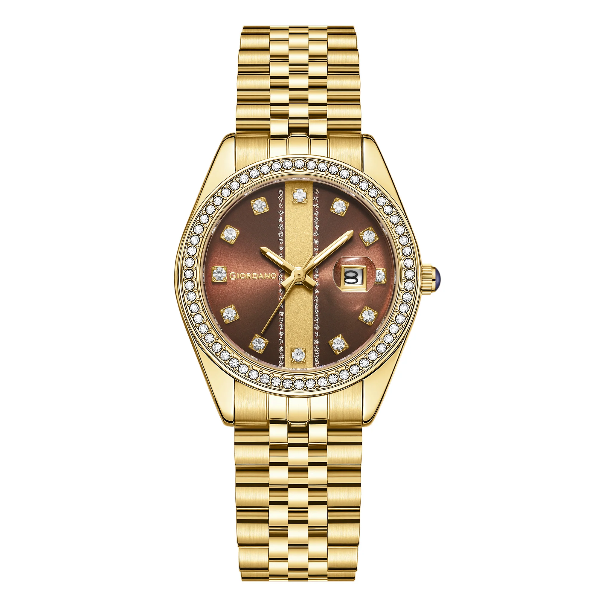 Giordano Analog Quartz Watch for Women with Round Brown Dial, Crystal Studded Bezel, Date Function, Blue Crown, Luminous Hands and Crystal Hour Markers, Gold Stainless Steel Strap - GZ-60151-44 - Image 5