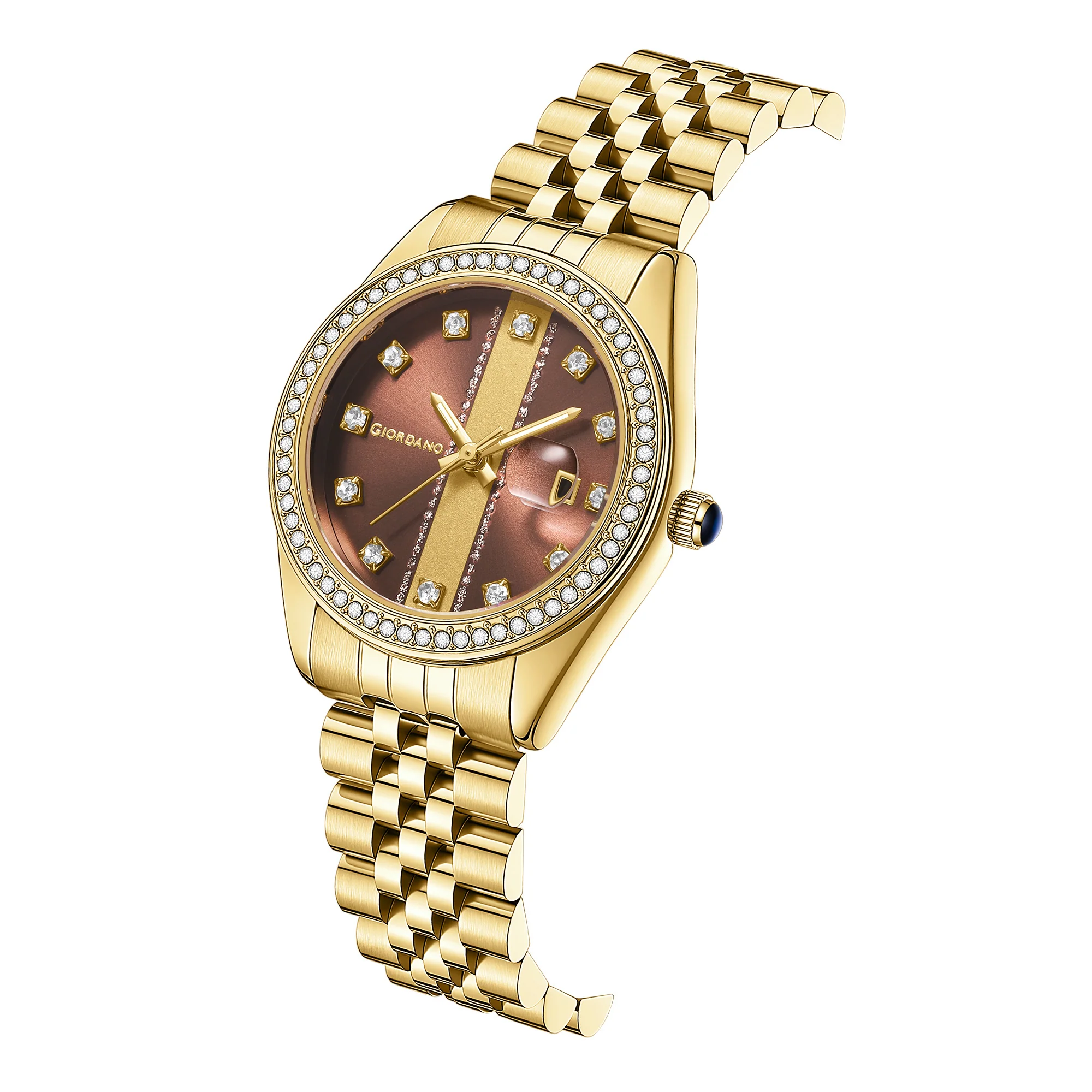 Giordano Analog Quartz Watch for Women with Round Brown Dial, Crystal Studded Bezel, Date Function, Blue Crown, Luminous Hands and Crystal Hour Markers, Gold Stainless Steel Strap - GZ-60151-44 - Image 6