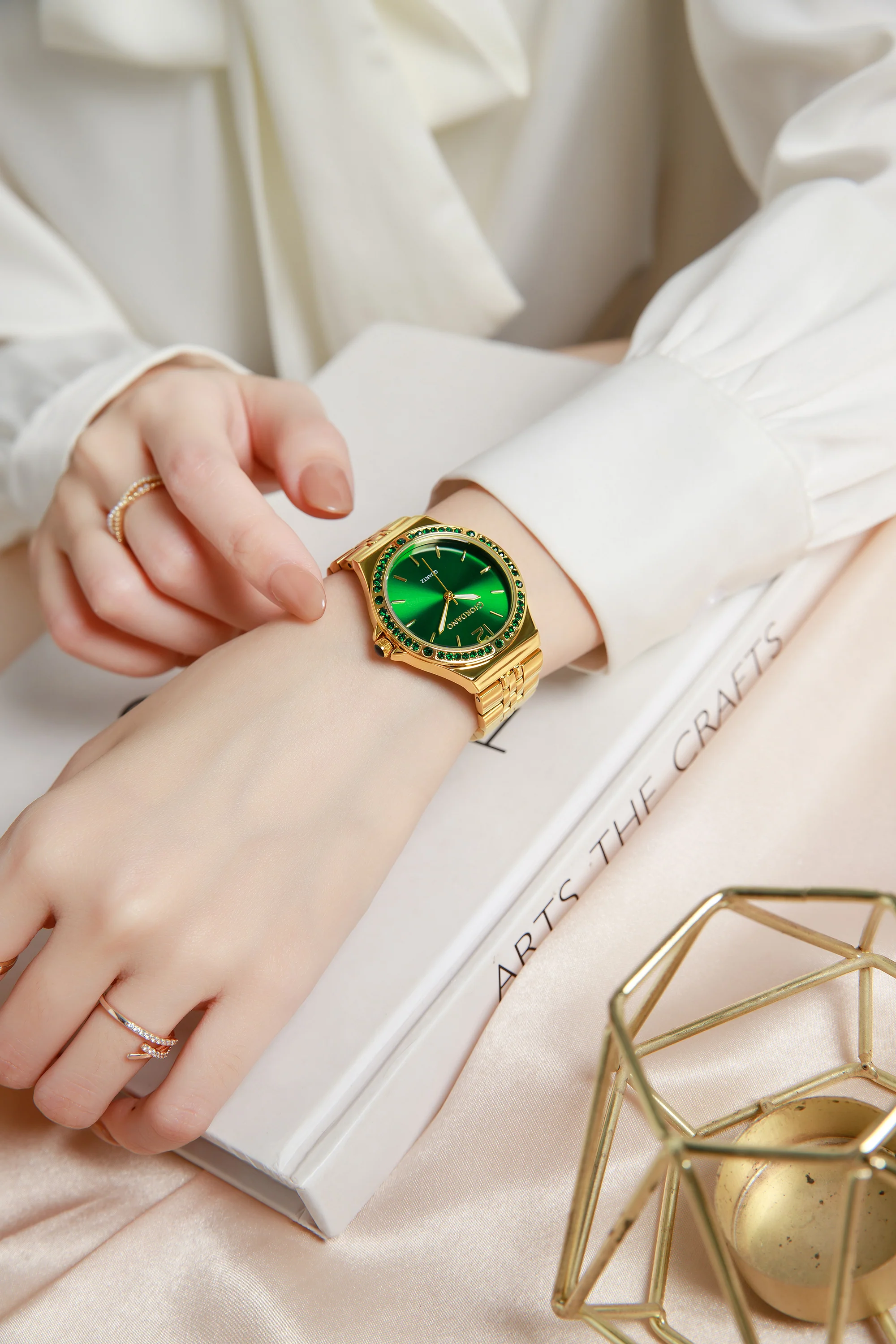 Giordano Analog Quartz Watch for Women with Round Green Dial, Crystal Studded Bezel, Blue Crown, Luminous Hands, Gold Stainless Steel Strap - GZ-60159-33 - Image 2