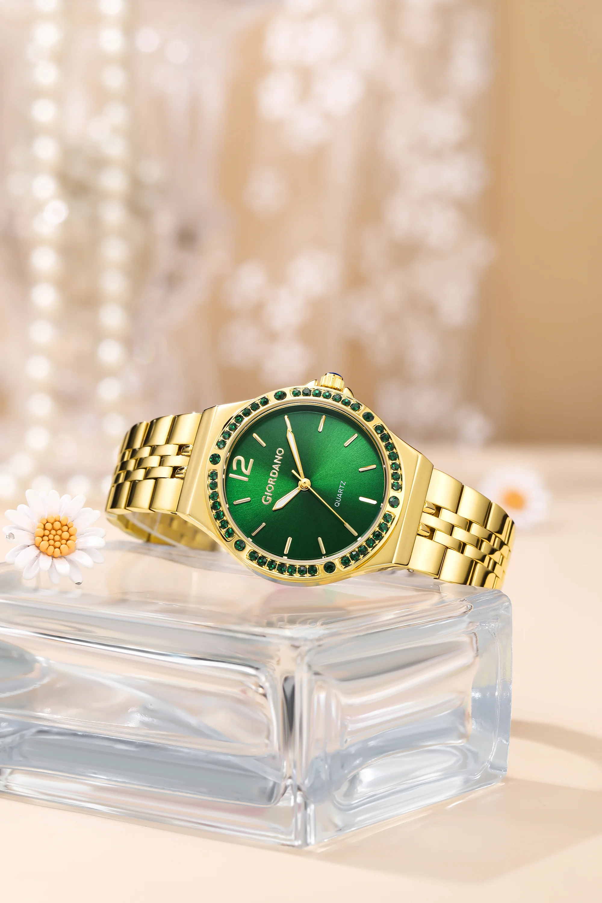 Giordano Analog Quartz Watch for Women with Round Green Dial, Crystal Studded Bezel, Blue Crown, Luminous Hands, Gold Stainless Steel Strap - GZ-60159-33 - Image 3