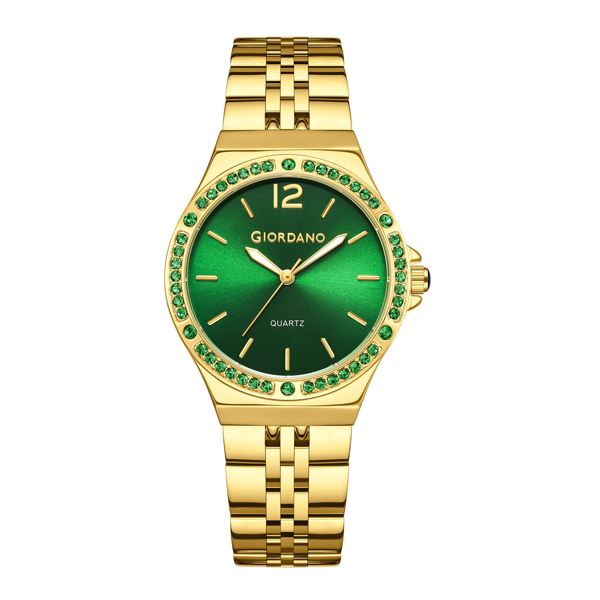 Giordano Analog Quartz Watch for Women with Round Green Dial, Crystal Studded Bezel, Blue Crown, Luminous Hands, Gold Stainless Steel Strap - GZ-60159-33 - Image 5