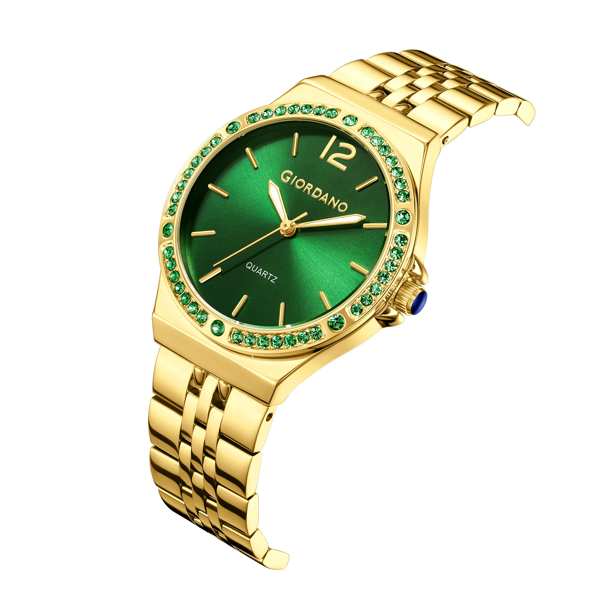 Giordano Analog Quartz Watch for Women with Round Green Dial, Crystal Studded Bezel, Blue Crown, Luminous Hands, Gold Stainless Steel Strap - GZ-60159-33 - Image 6