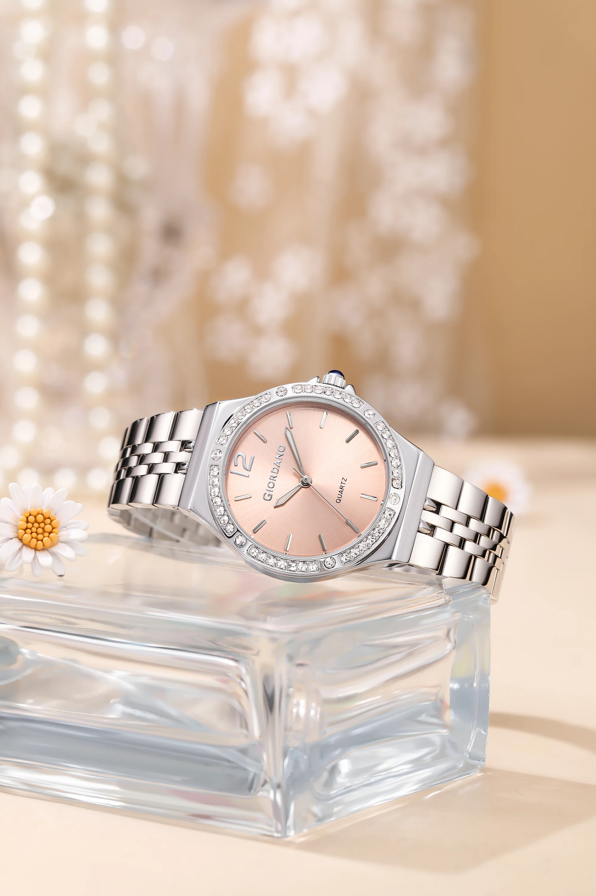 Giordano Analog Quartz Watch for Women with Round Pink Dial, Crystal Studded Bezel, Blue Crown, Luminous Hands, Silver Stainless Steel Strap - GZ-60159-44 - Image 3