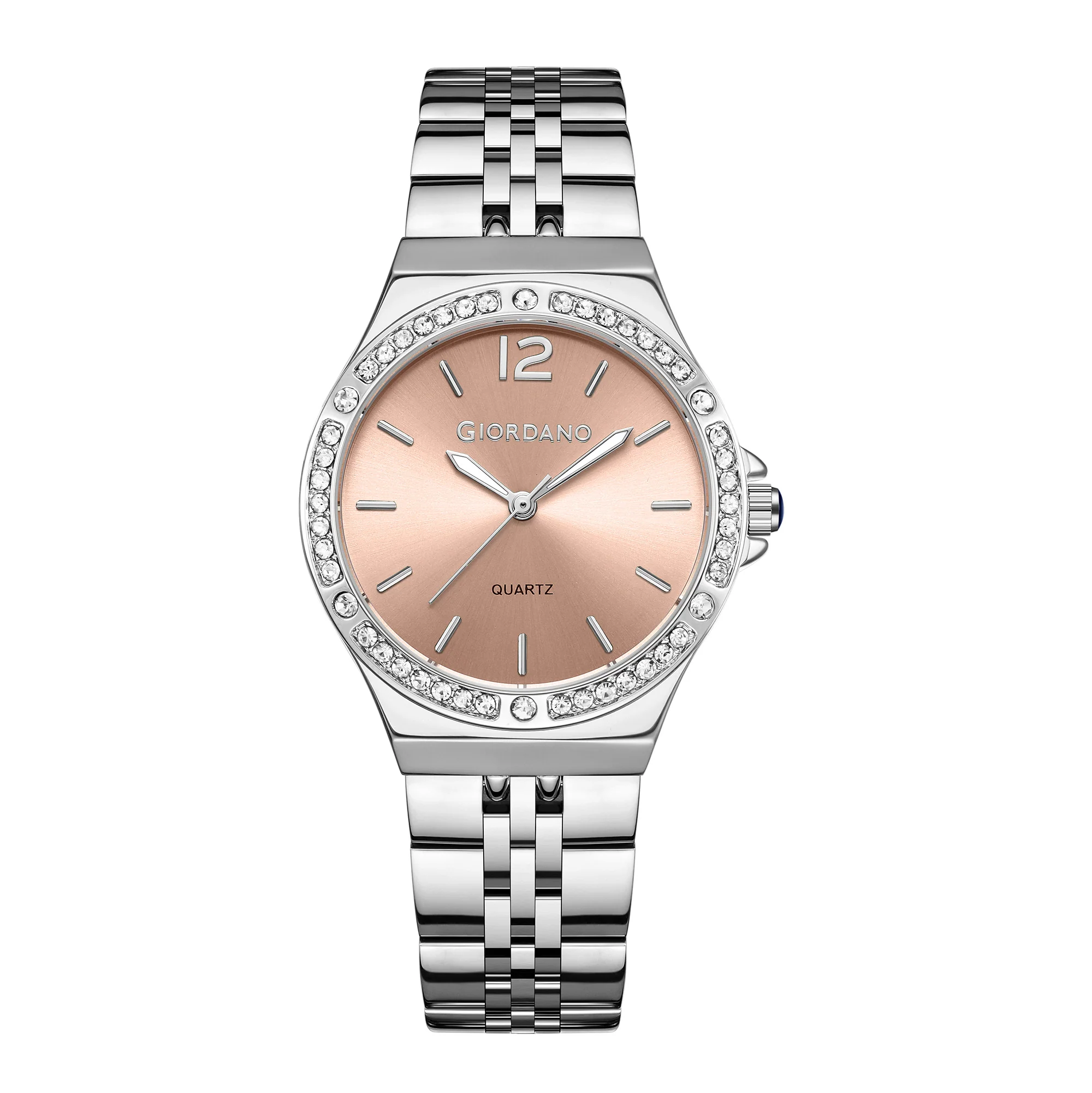 Giordano Analog Quartz Watch for Women with Round Pink Dial, Crystal Studded Bezel, Blue Crown, Luminous Hands, Silver Stainless Steel Strap - GZ-60159-44 - Image 5