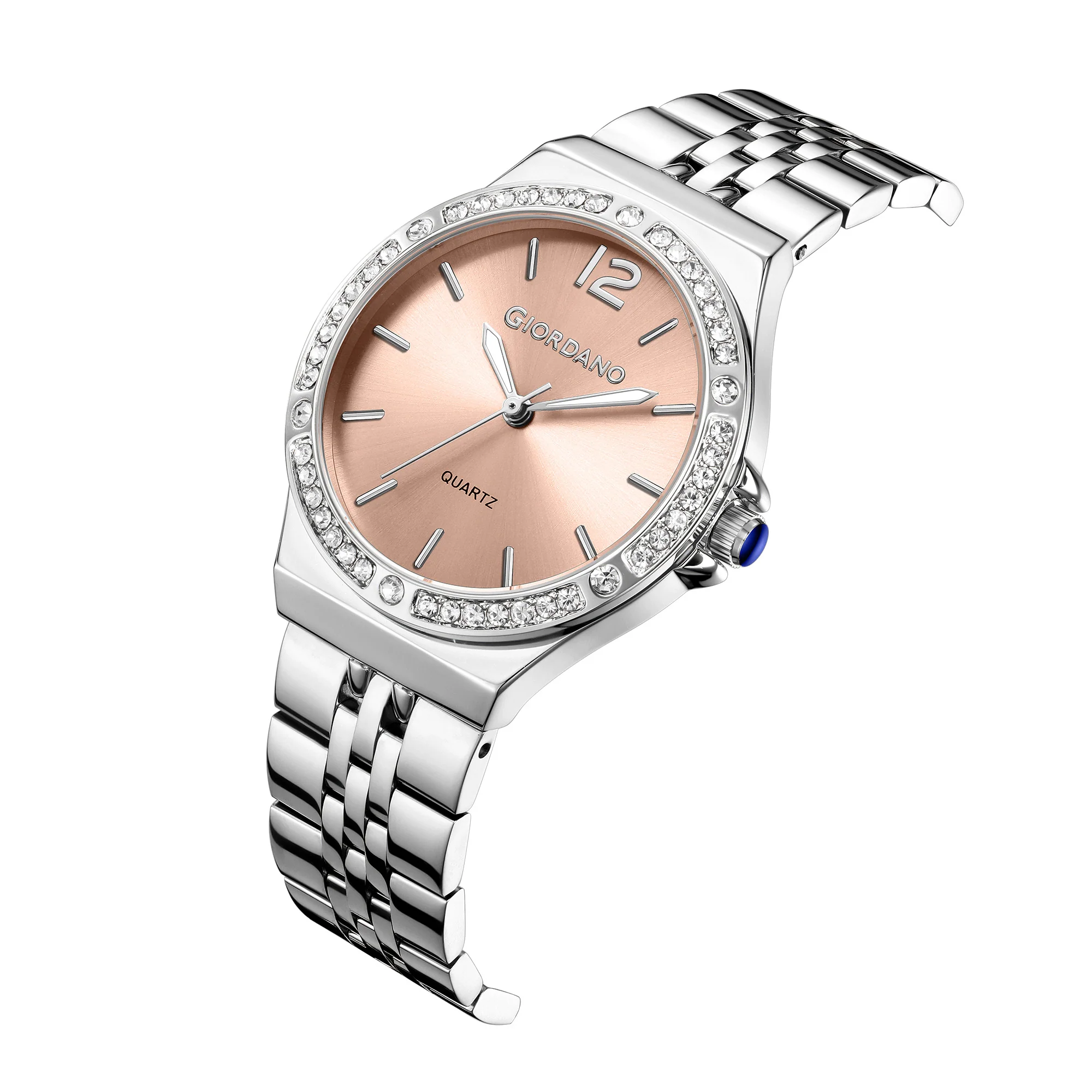Giordano Analog Quartz Watch for Women with Round Pink Dial, Crystal Studded Bezel, Blue Crown, Luminous Hands, Silver Stainless Steel Strap - GZ-60159-44 - Image 6