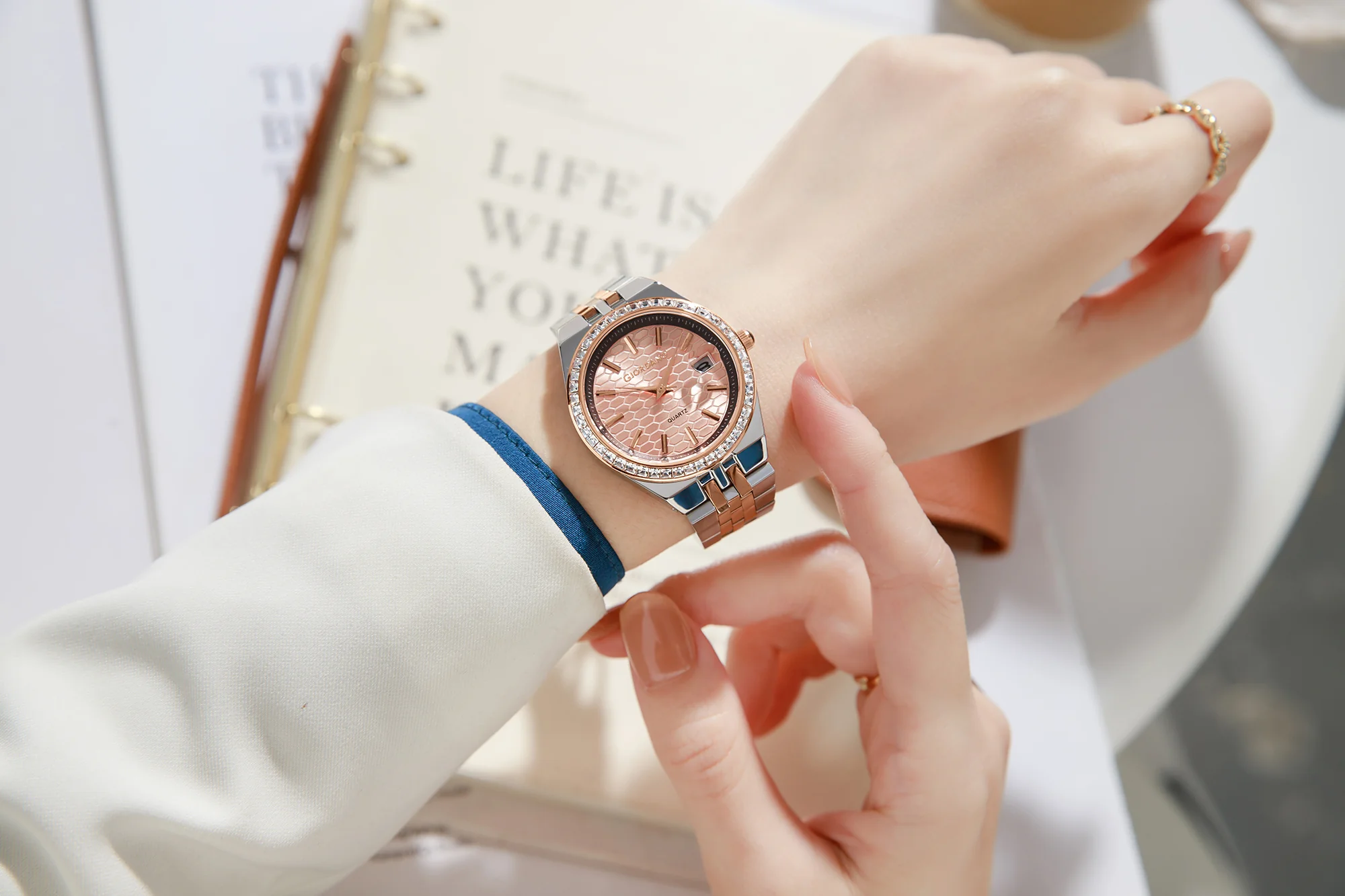 Giordano Analog Quartz Watch for Women with Round Rose Gold Dial, Crystal Studded Bezel, Date Function, Blue Crown, Silver and Rose Gold Stainless Steel Strap - GZ-60152-22 - Image 2