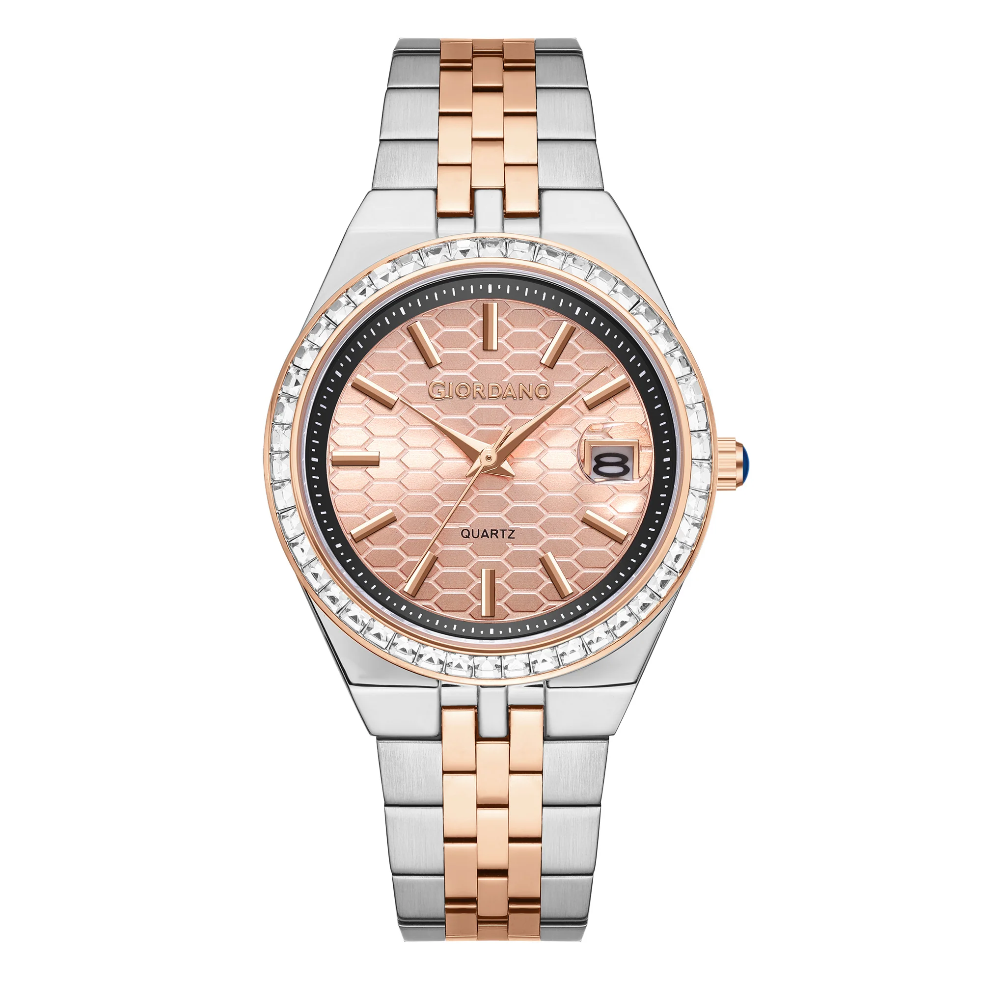Giordano Analog Quartz Watch for Women with Round Rose Gold Dial, Crystal Studded Bezel, Date Function, Blue Crown, Silver and Rose Gold Stainless Steel Strap - GZ-60152-22 - Image 5