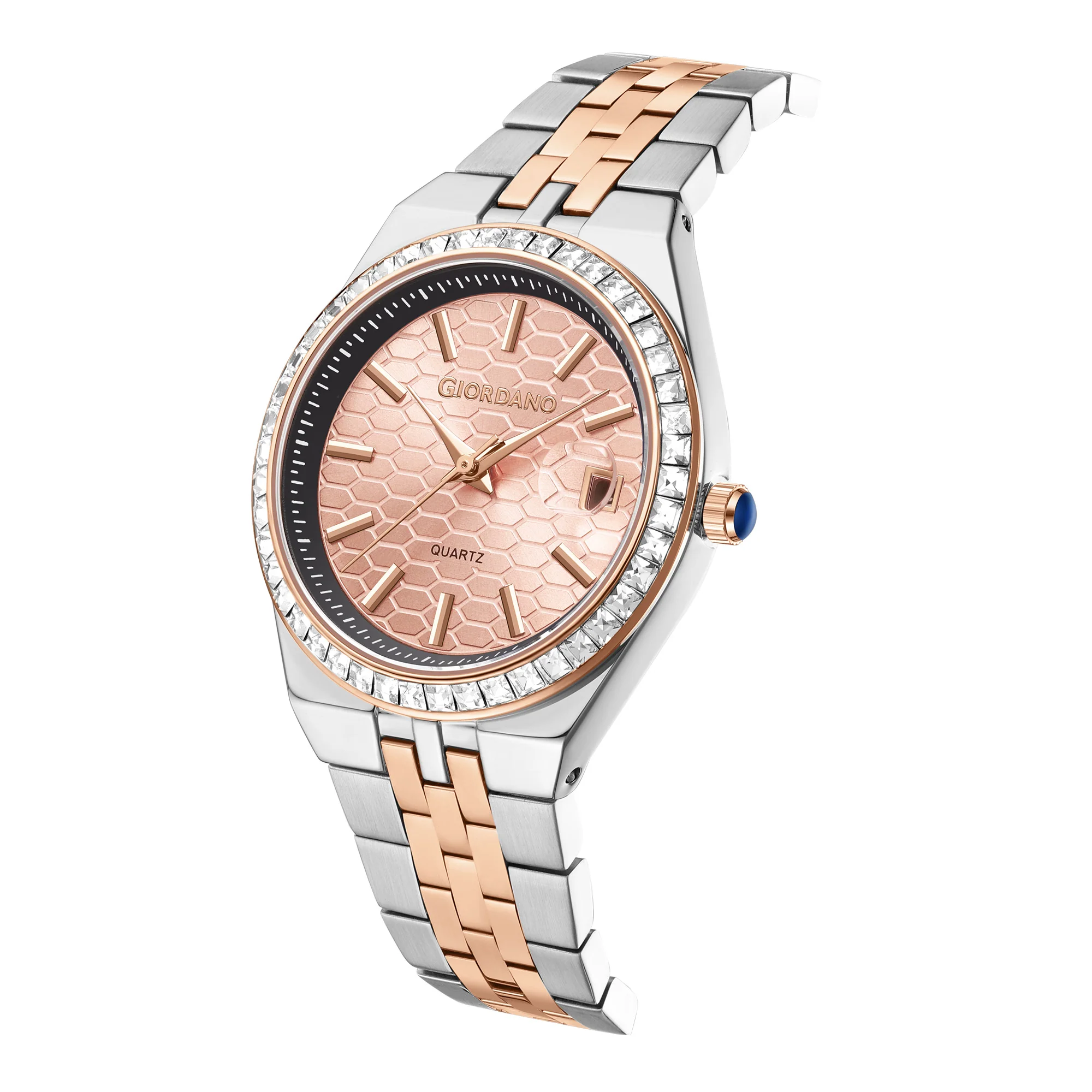 Giordano Analog Quartz Watch for Women with Round Rose Gold Dial, Crystal Studded Bezel, Date Function, Blue Crown, Silver and Rose Gold Stainless Steel Strap - GZ-60152-22 - Image 6