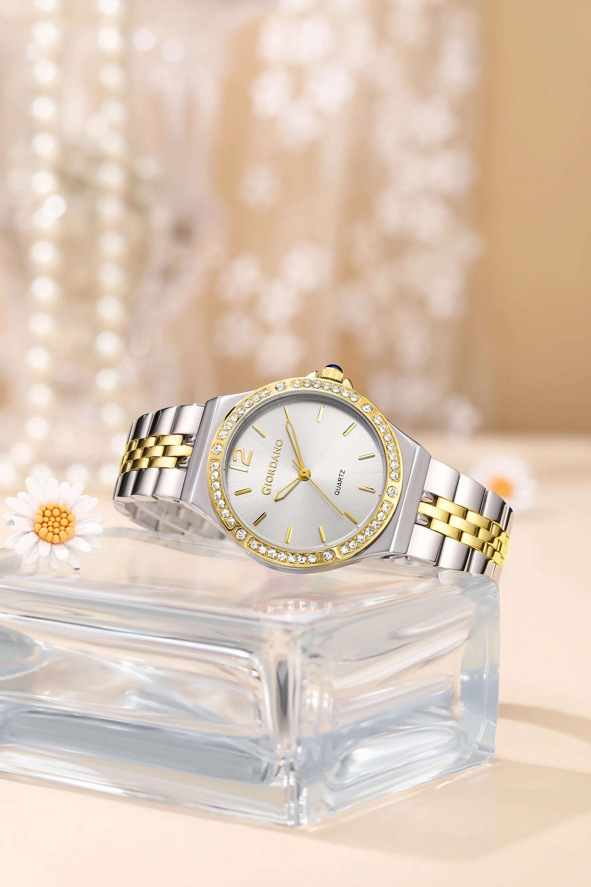 Giordano Analog Quartz Watch for Women with Round White Dial, Crystal Studded Bezel, Blue Crown, Luminous Hands, Silver and Gold Stainless Steel Strap - GZ-60159-66 - Image 3