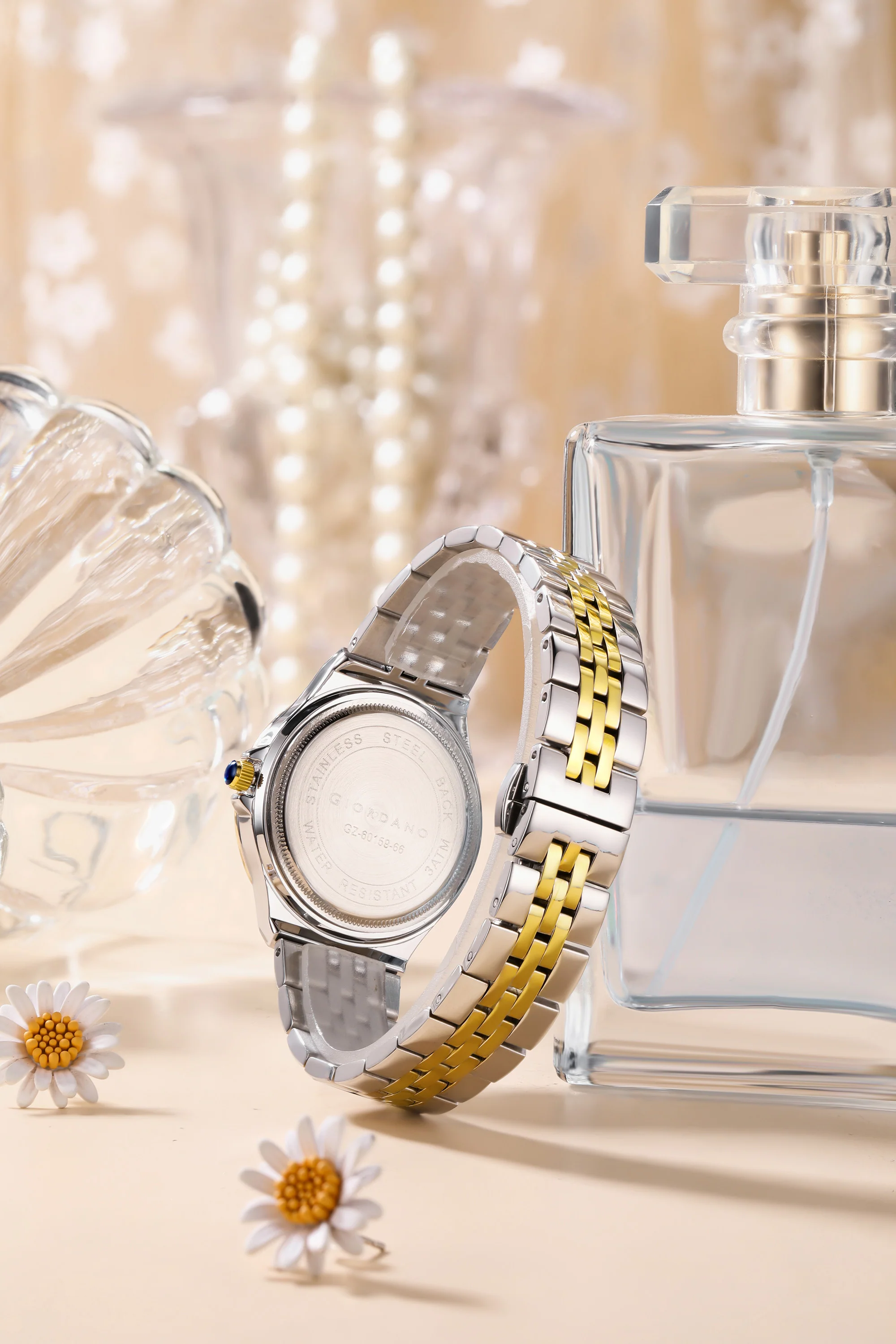 Giordano Analog Quartz Watch for Women with Round White Dial, Crystal Studded Bezel, Blue Crown, Luminous Hands, Silver and Gold Stainless Steel Strap - GZ-60159-66 - Image 4