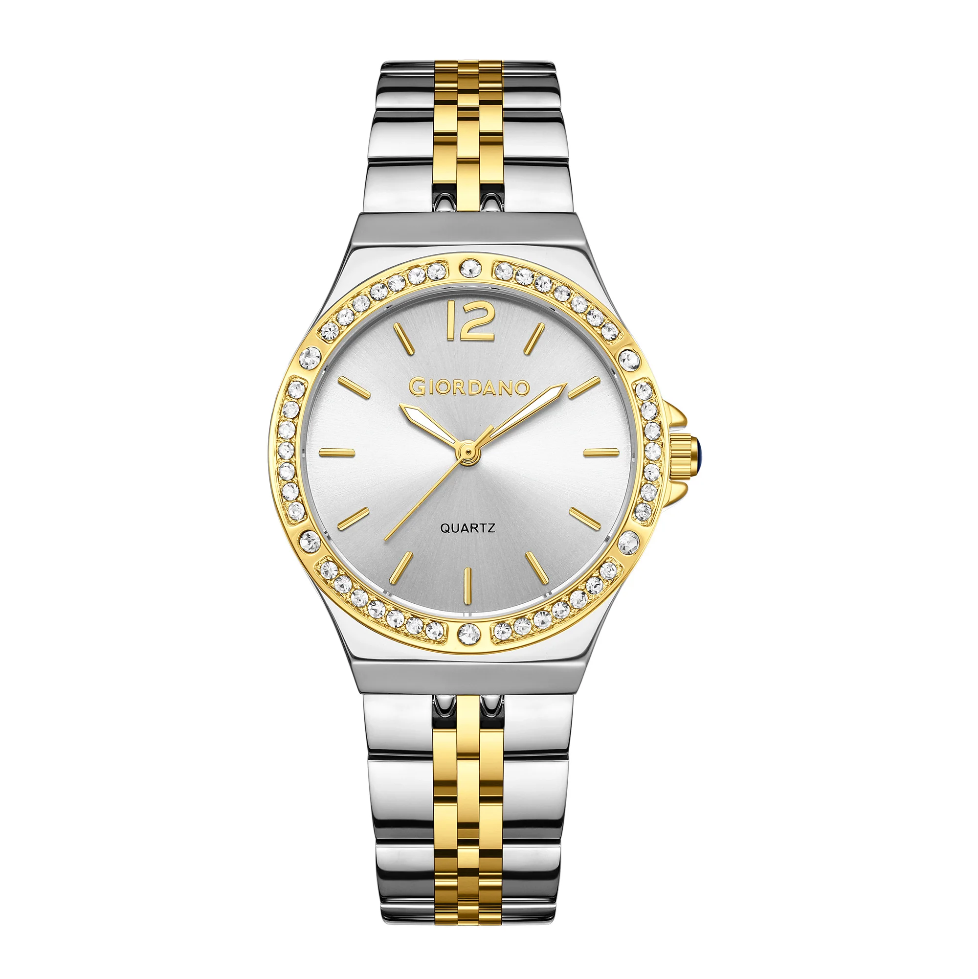 Giordano Analog Quartz Watch for Women with Round White Dial, Crystal Studded Bezel, Blue Crown, Luminous Hands, Silver and Gold Stainless Steel Strap - GZ-60159-66 - Image 5