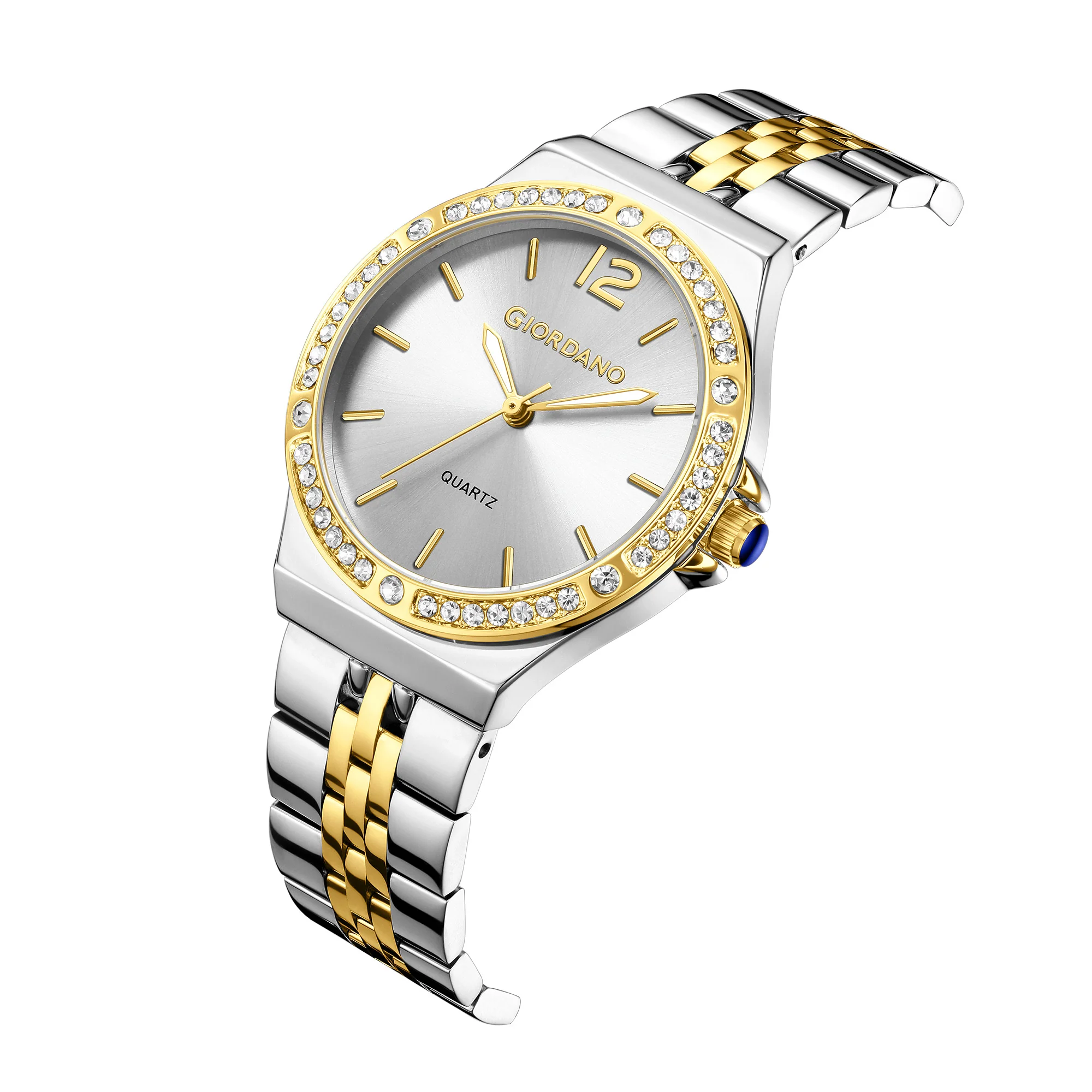 Giordano Analog Quartz Watch for Women with Round White Dial, Crystal Studded Bezel, Blue Crown, Luminous Hands, Silver and Gold Stainless Steel Strap - GZ-60159-66 - Image 6