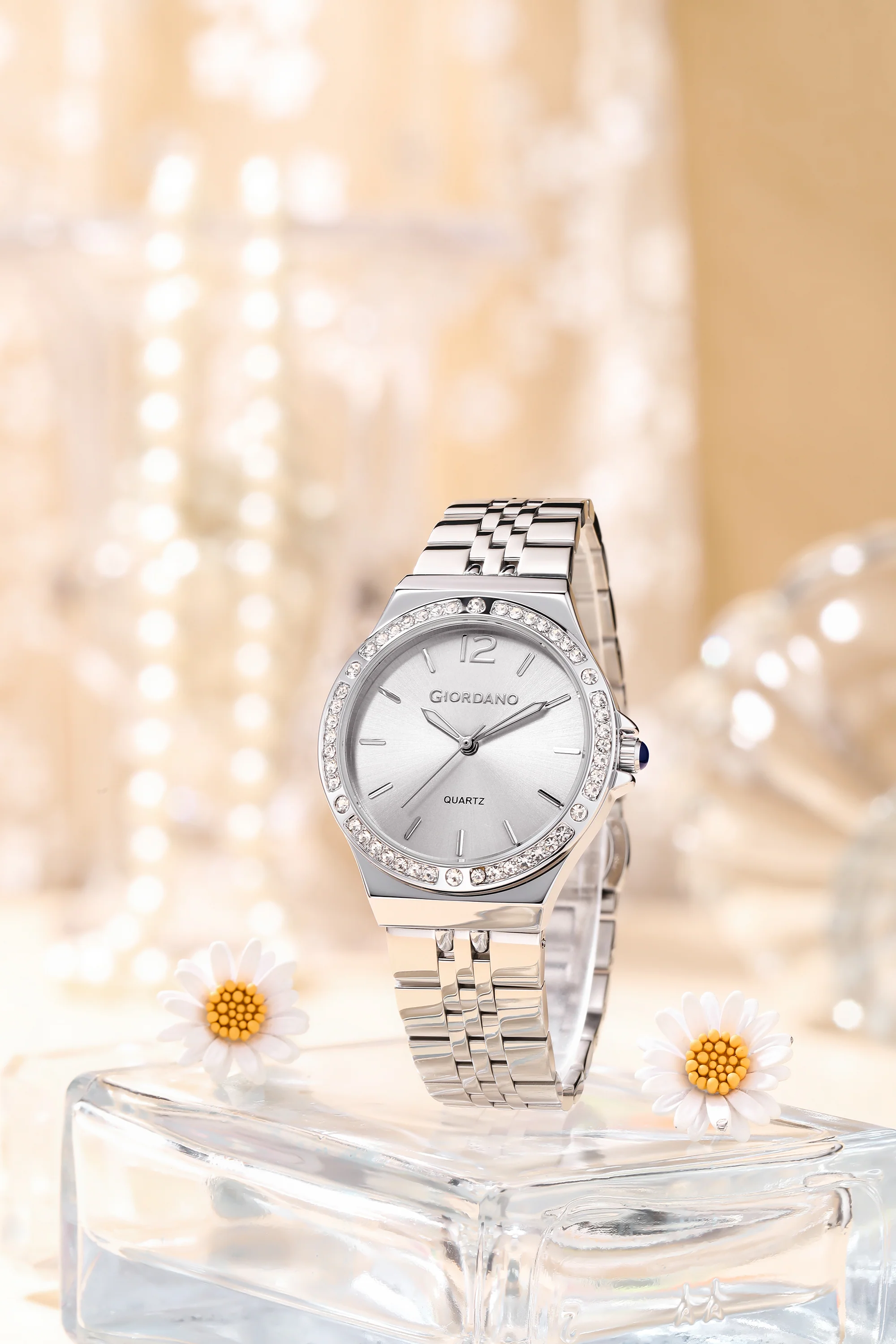 Giordano Analog Quartz Watch for Women with Round White Dial, Crystal Studded Bezel, Blue Crown, Luminous Hands, Silver Stainless Steel Strap - GZ-60159-22