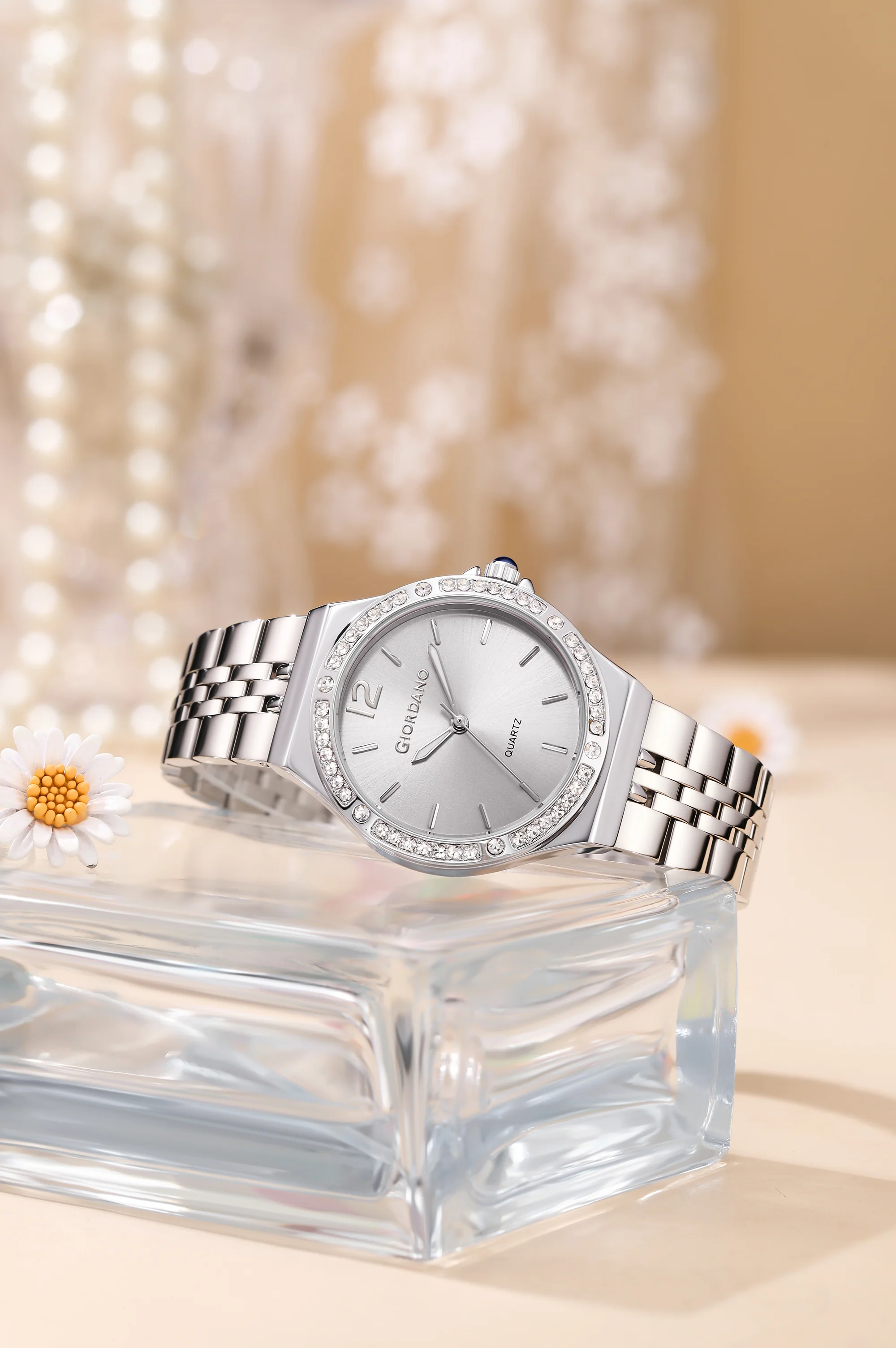 Giordano Analog Quartz Watch for Women with Round White Dial, Crystal Studded Bezel, Blue Crown, Luminous Hands, Silver Stainless Steel Strap - GZ-60159-22 - Image 3