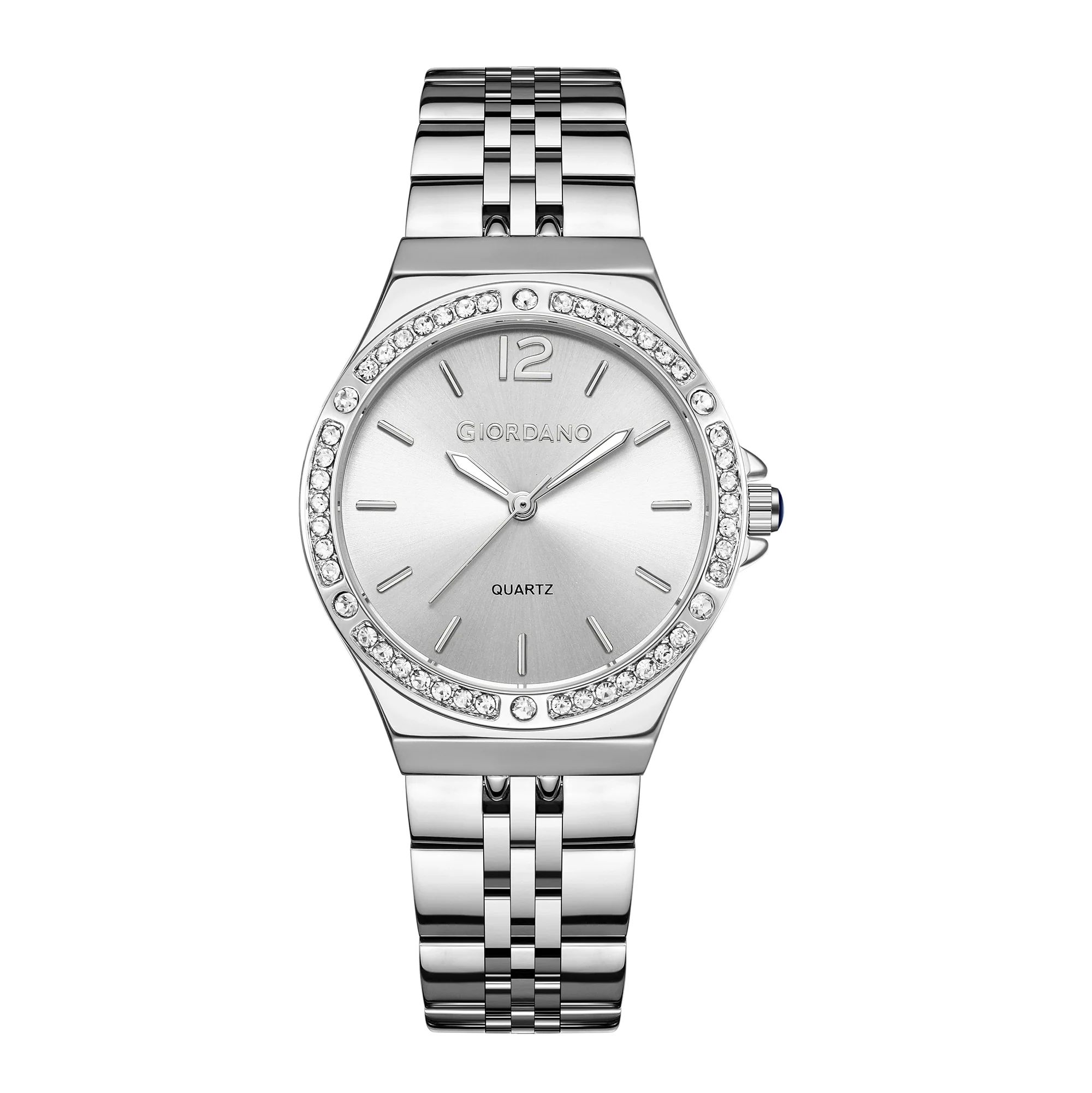 Giordano Analog Quartz Watch for Women with Round White Dial, Crystal Studded Bezel, Blue Crown, Luminous Hands, Silver Stainless Steel Strap - GZ-60159-22 - Image 5