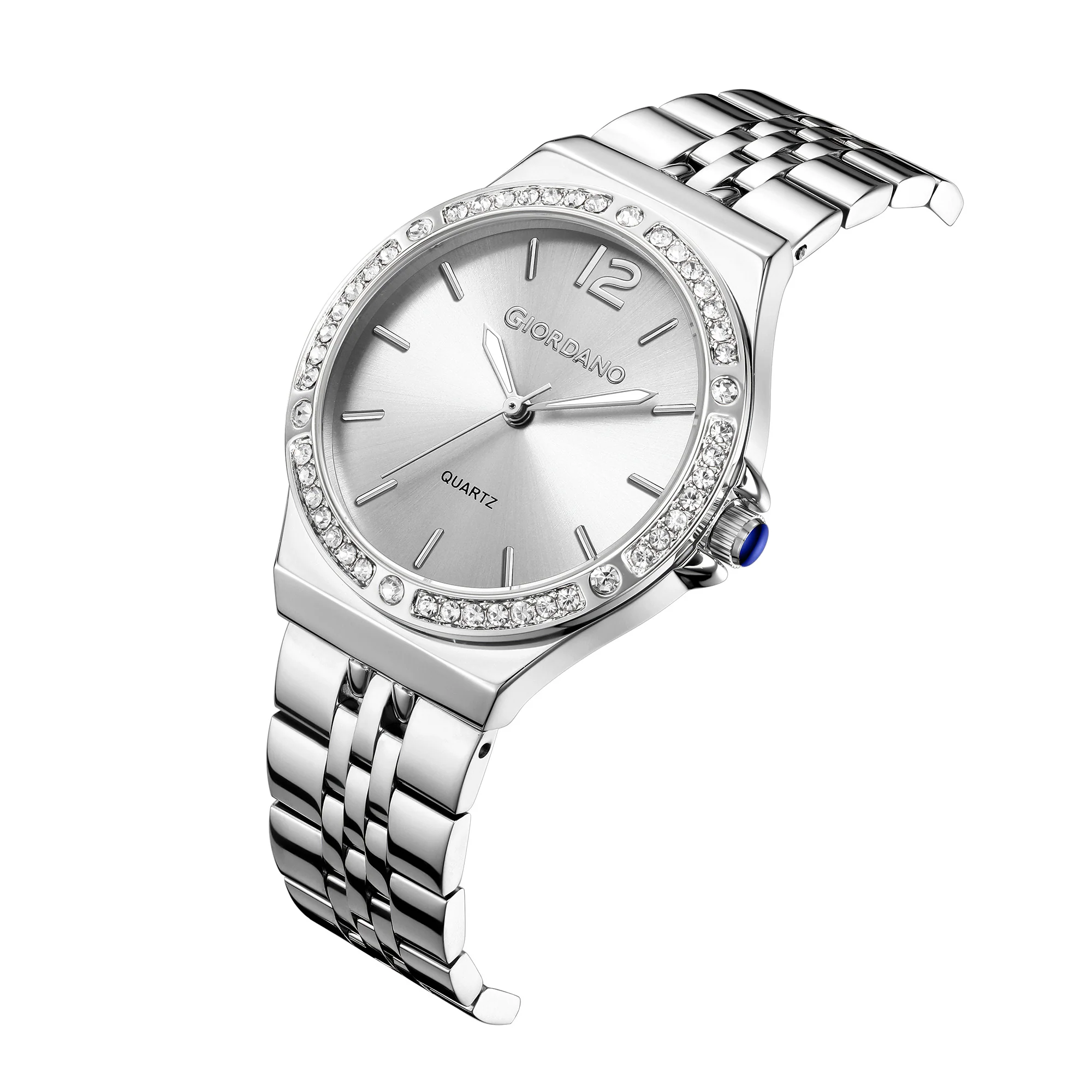 Giordano Analog Quartz Watch for Women with Round White Dial, Crystal Studded Bezel, Blue Crown, Luminous Hands, Silver Stainless Steel Strap - GZ-60159-22 - Image 6
