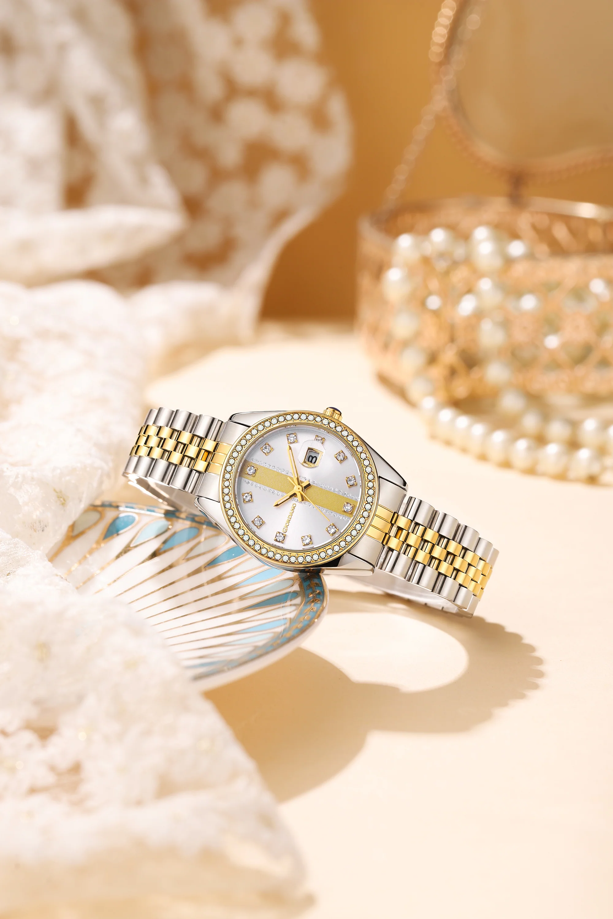 Giordano Analog Quartz Watch for Women with Round White Dial, Crystal studded bezel, Date Function, Blue Crown, Luminos hands, Crystal hour markers, Silver and Gold Stainless Steel Strap - GZ-60151-33 - Image 3
