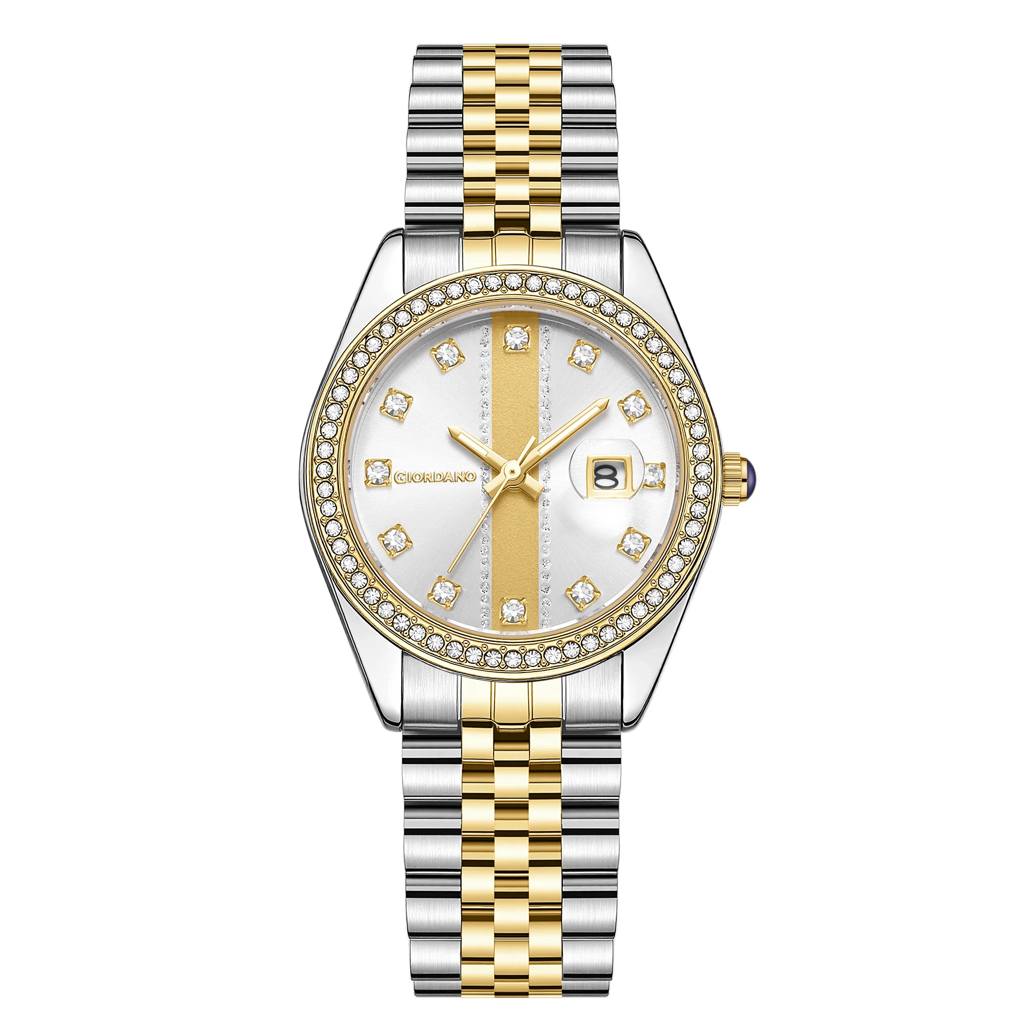 Giordano Analog Quartz Watch for Women with Round White Dial, Crystal studded bezel, Date Function, Blue Crown, Luminos hands, Crystal hour markers, Silver and Gold Stainless Steel Strap - GZ-60151-33 - Image 5