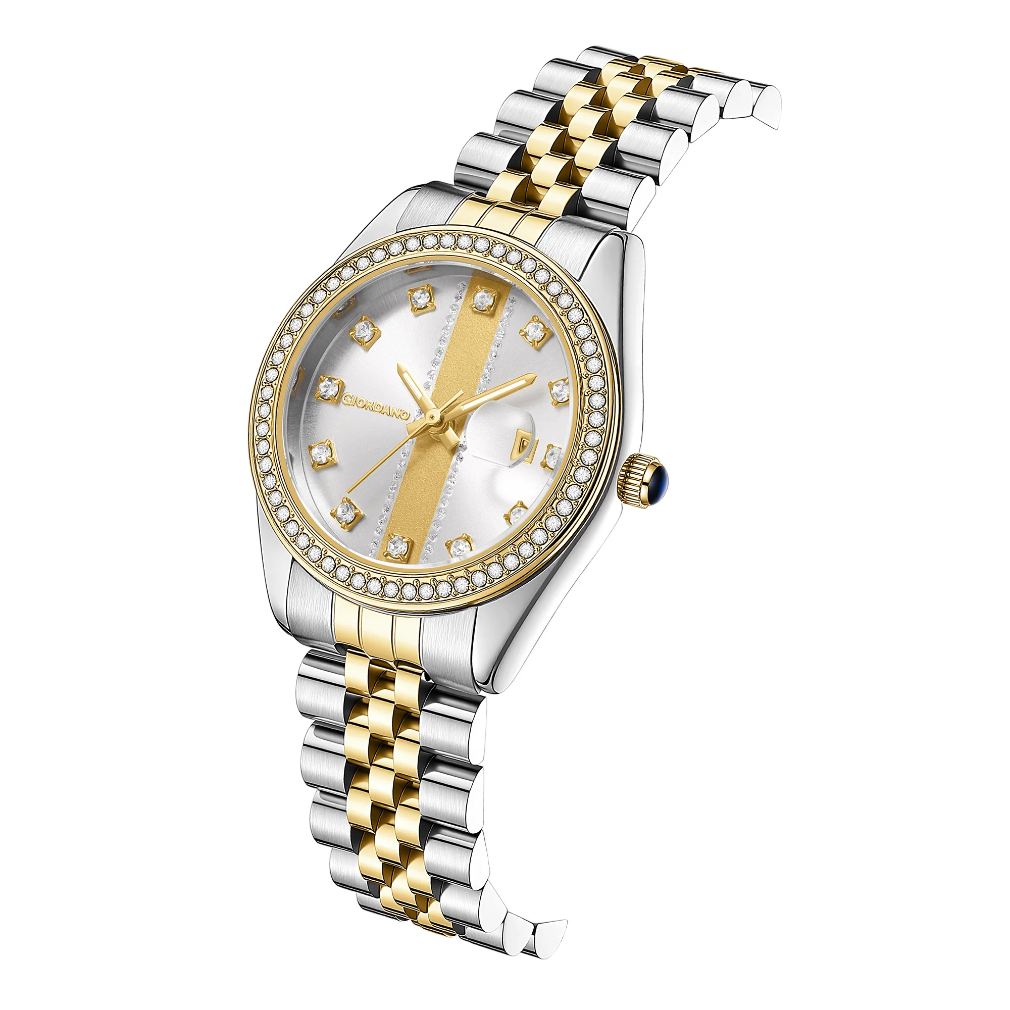 Giordano Analog Quartz Watch for Women with Round White Dial, Crystal studded bezel, Date Function, Blue Crown, Luminos hands, Crystal hour markers, Silver and Gold Stainless Steel Strap - GZ-60151-33 - Image 6