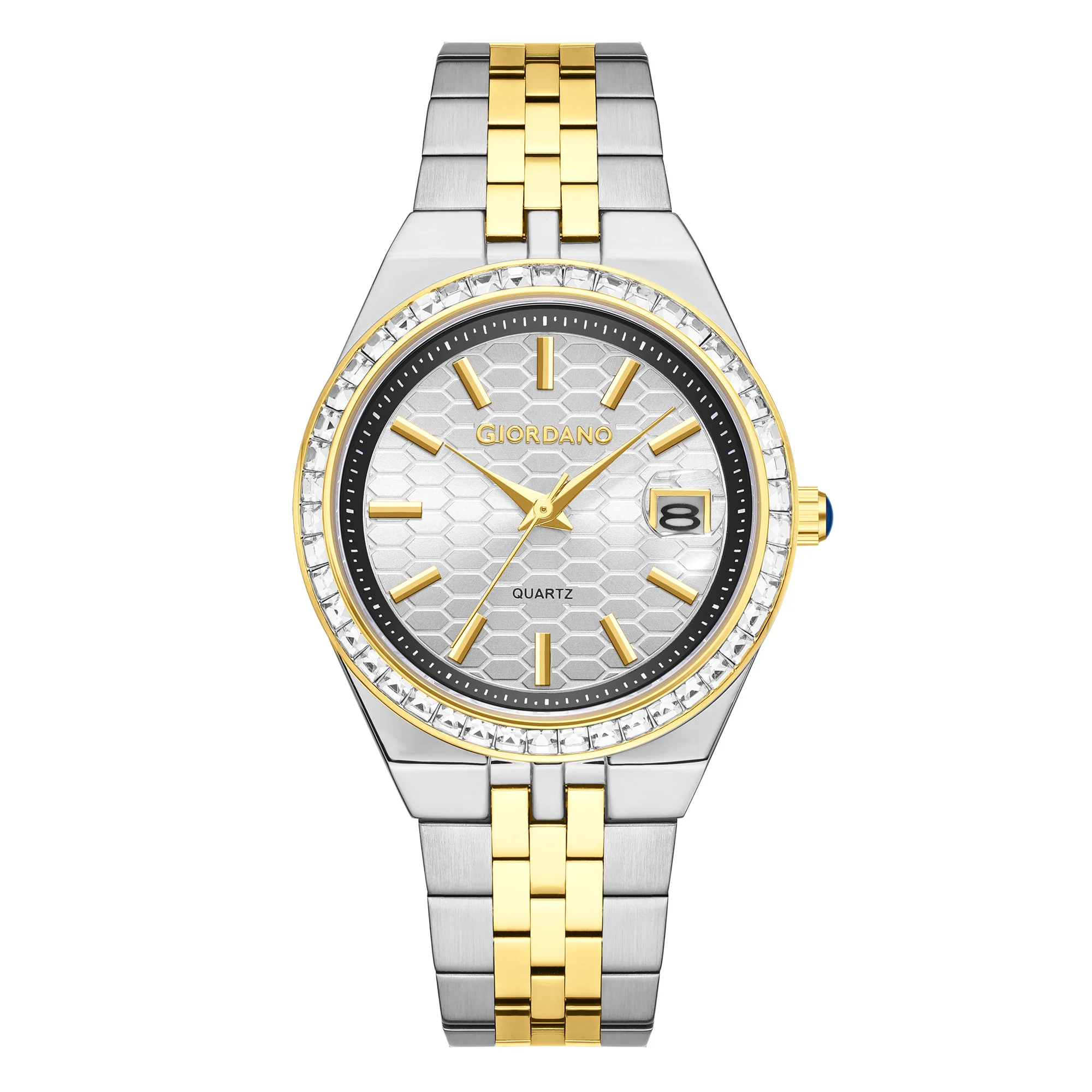 Giordano Analog Quartz Watch for Women with Round White Dial, Crystal Studded Bezel, Date Function, Blue Crown, Silver and Gold Stainless Steel Strap - GZ-60152-11 - Image 5