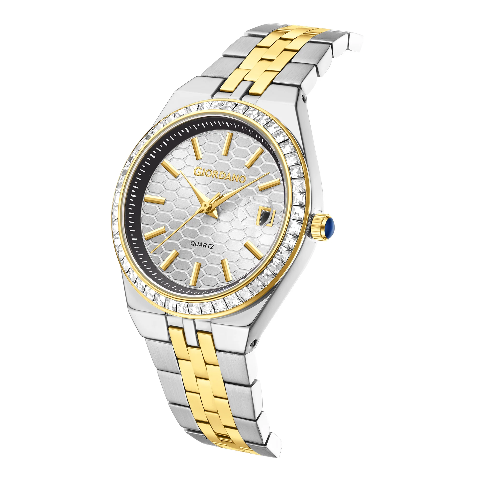 Giordano Analog Quartz Watch for Women with Round White Dial, Crystal Studded Bezel, Date Function, Blue Crown, Silver and Gold Stainless Steel Strap - GZ-60152-11 - Image 6