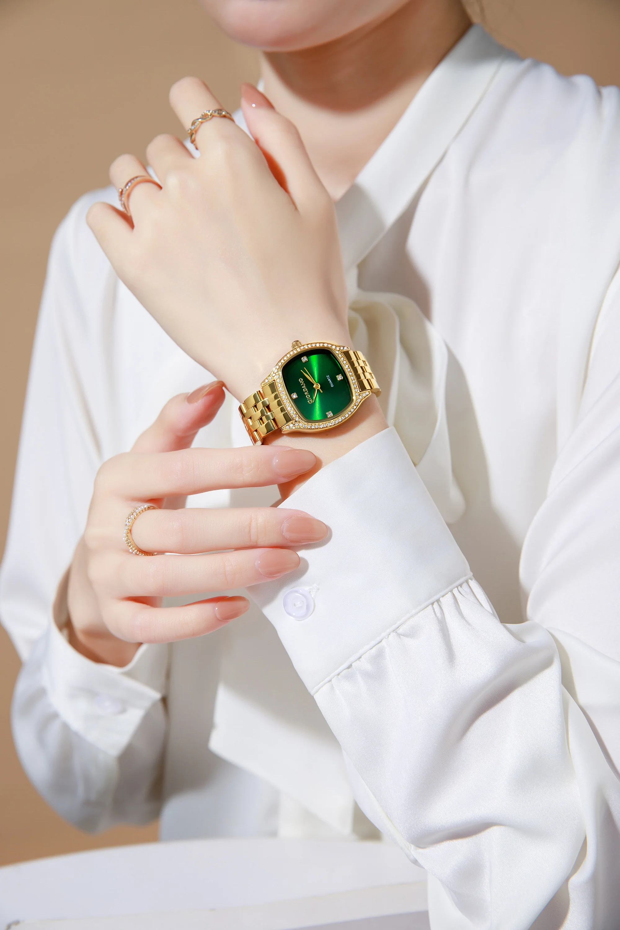 Giordano Analog Quartz Watch for Women with Square Green Dial, Blue Crown, Crystal Studded Hour Markers and Bezel, Gold Stainless Steel Strap - GZ-60163-33 - Image 2