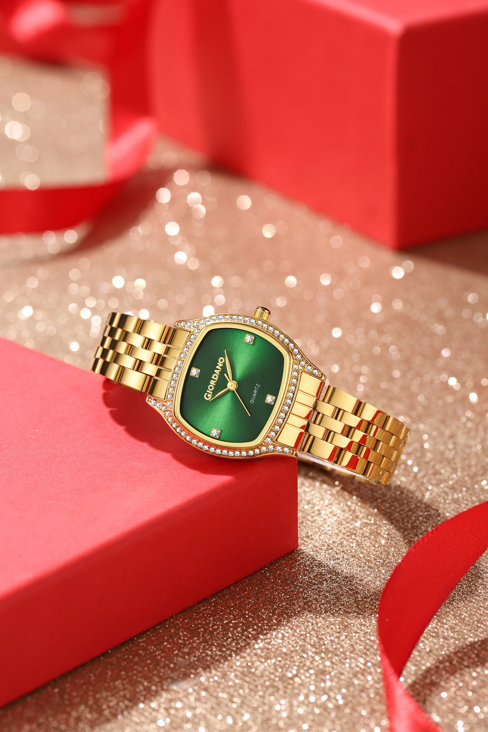 Giordano Analog Quartz Watch for Women with Square Green Dial, Blue Crown, Crystal Studded Hour Markers and Bezel, Gold Stainless Steel Strap - GZ-60163-33 - Image 3