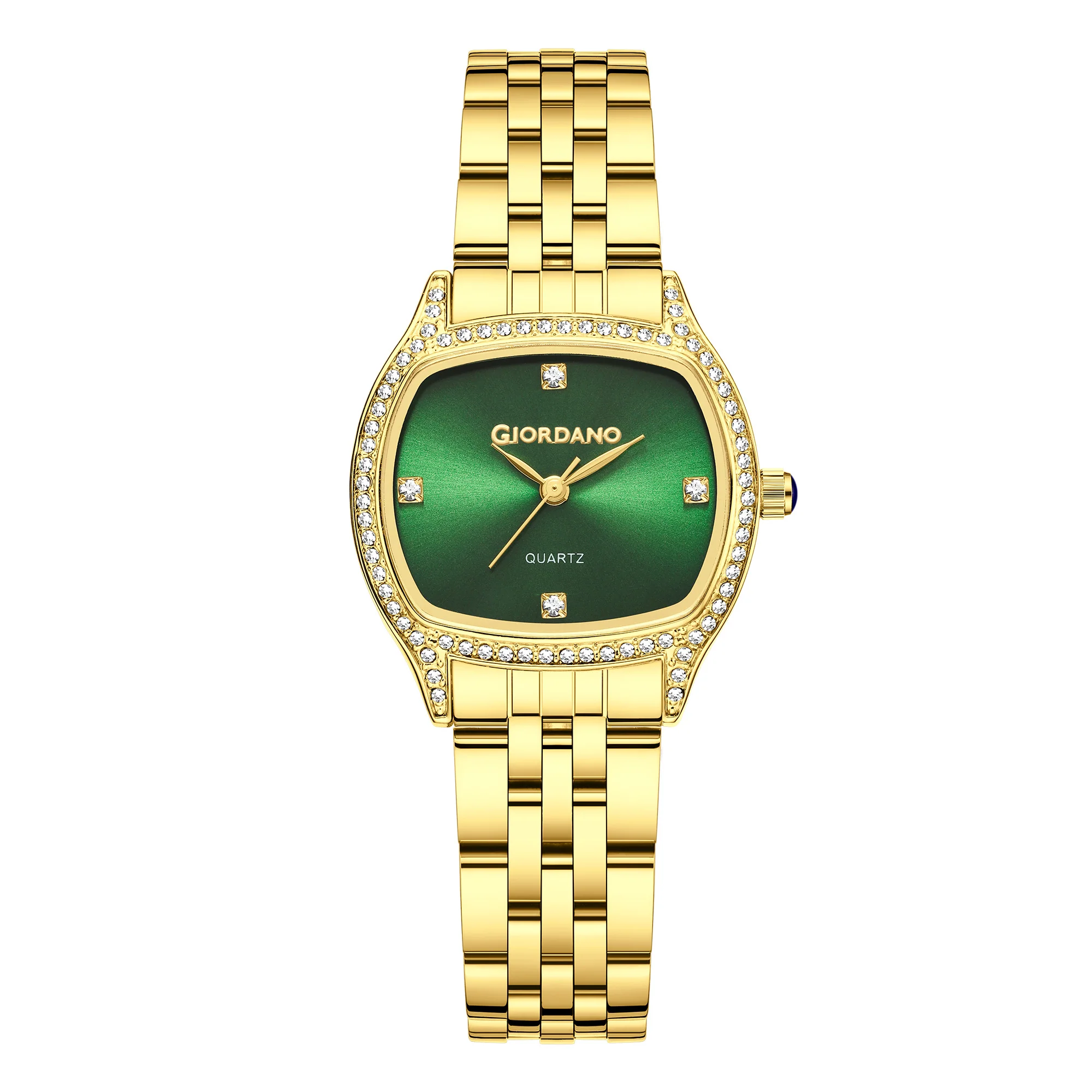 Giordano Analog Quartz Watch for Women with Square Green Dial, Blue Crown, Crystal Studded Hour Markers and Bezel, Gold Stainless Steel Strap - GZ-60163-33 - Image 5