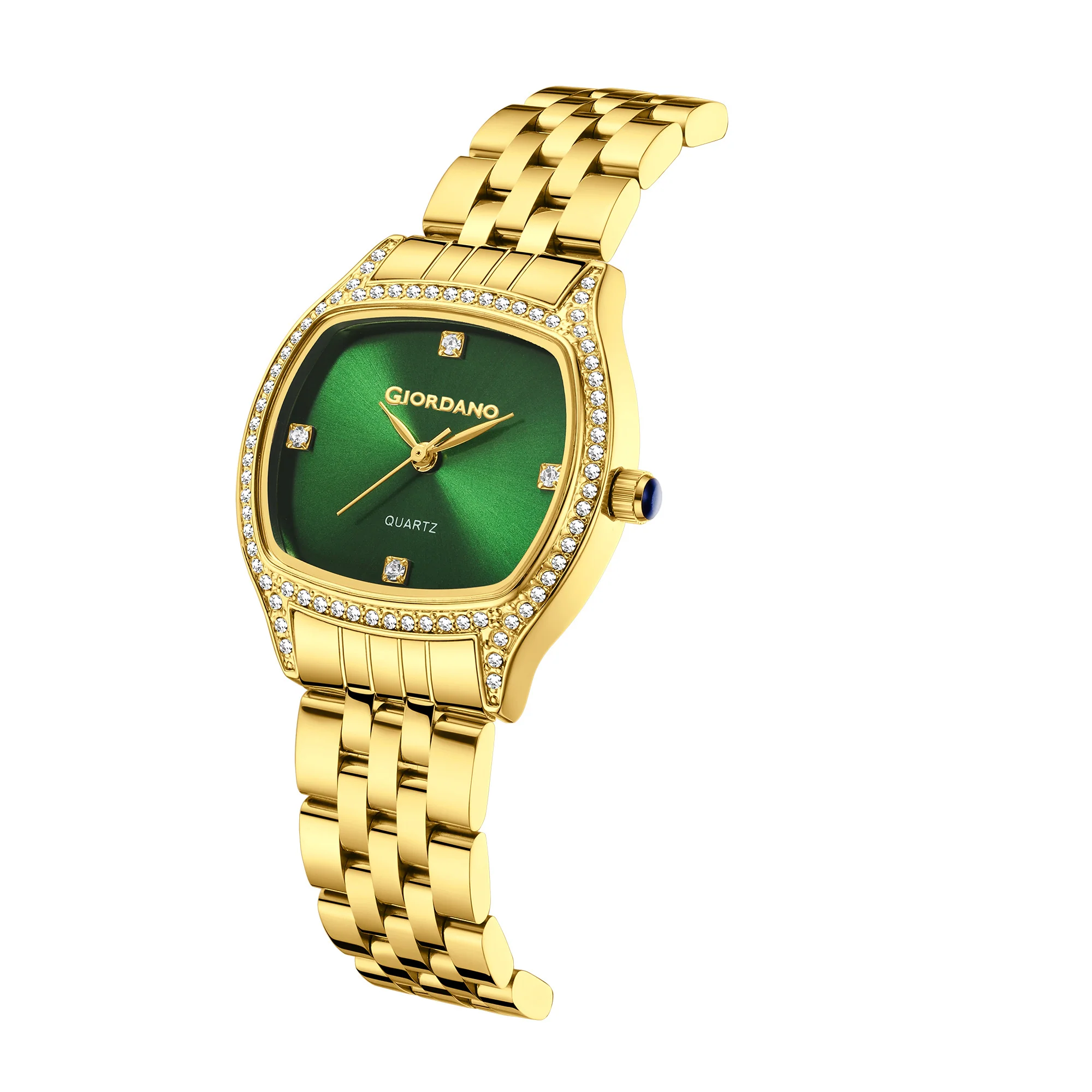 Giordano Analog Quartz Watch for Women with Square Green Dial, Blue Crown, Crystal Studded Hour Markers and Bezel, Gold Stainless Steel Strap - GZ-60163-33 - Image 6