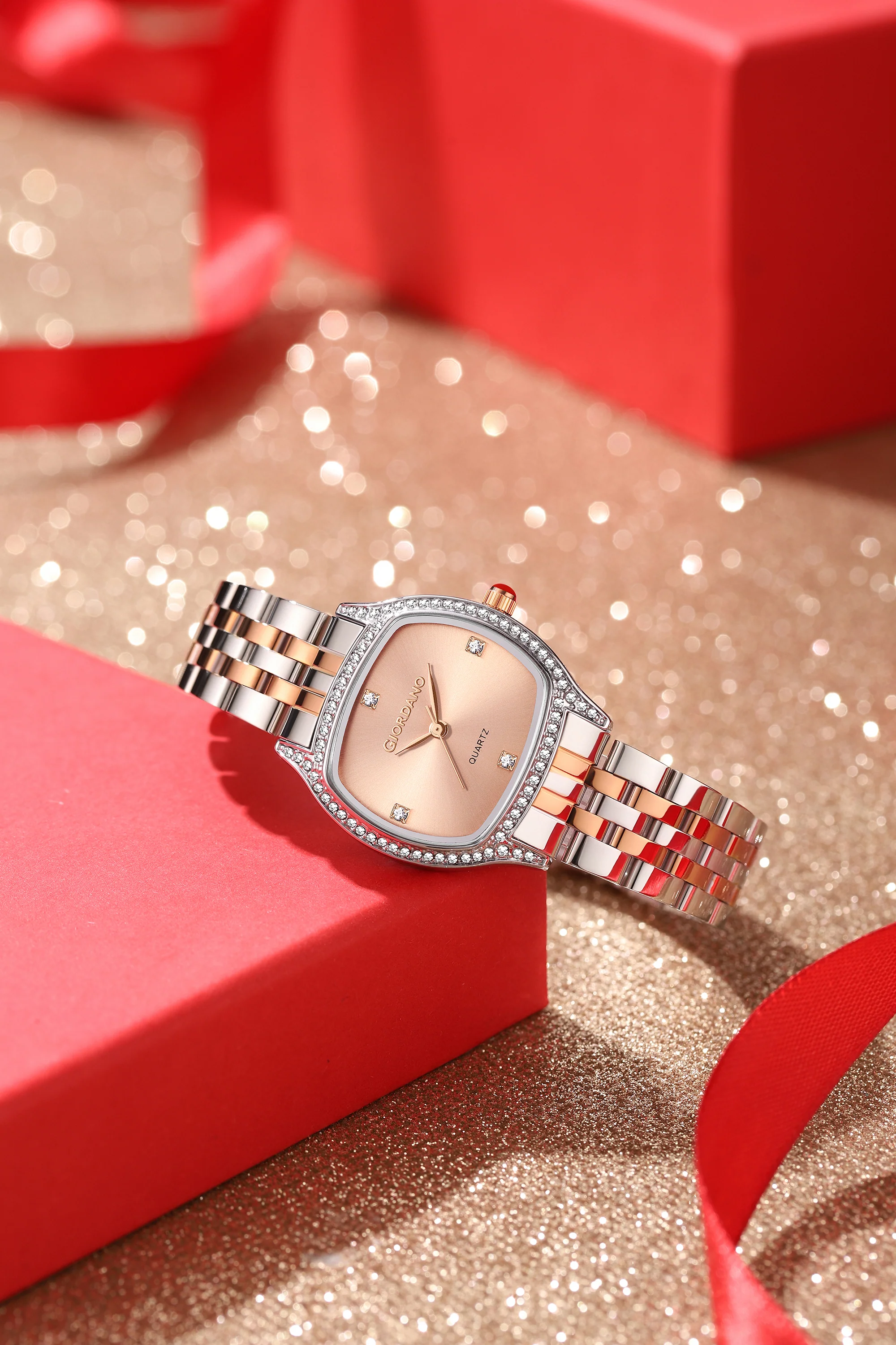 Giordano Analog Quartz Watch for Women with Square Rose Gold Dial, Blue Crown, Crystal Studded Hour Markers and Bezel, Silver and Rose Gold Stainless Steel Strap - GZ-60163-22 - Image 3