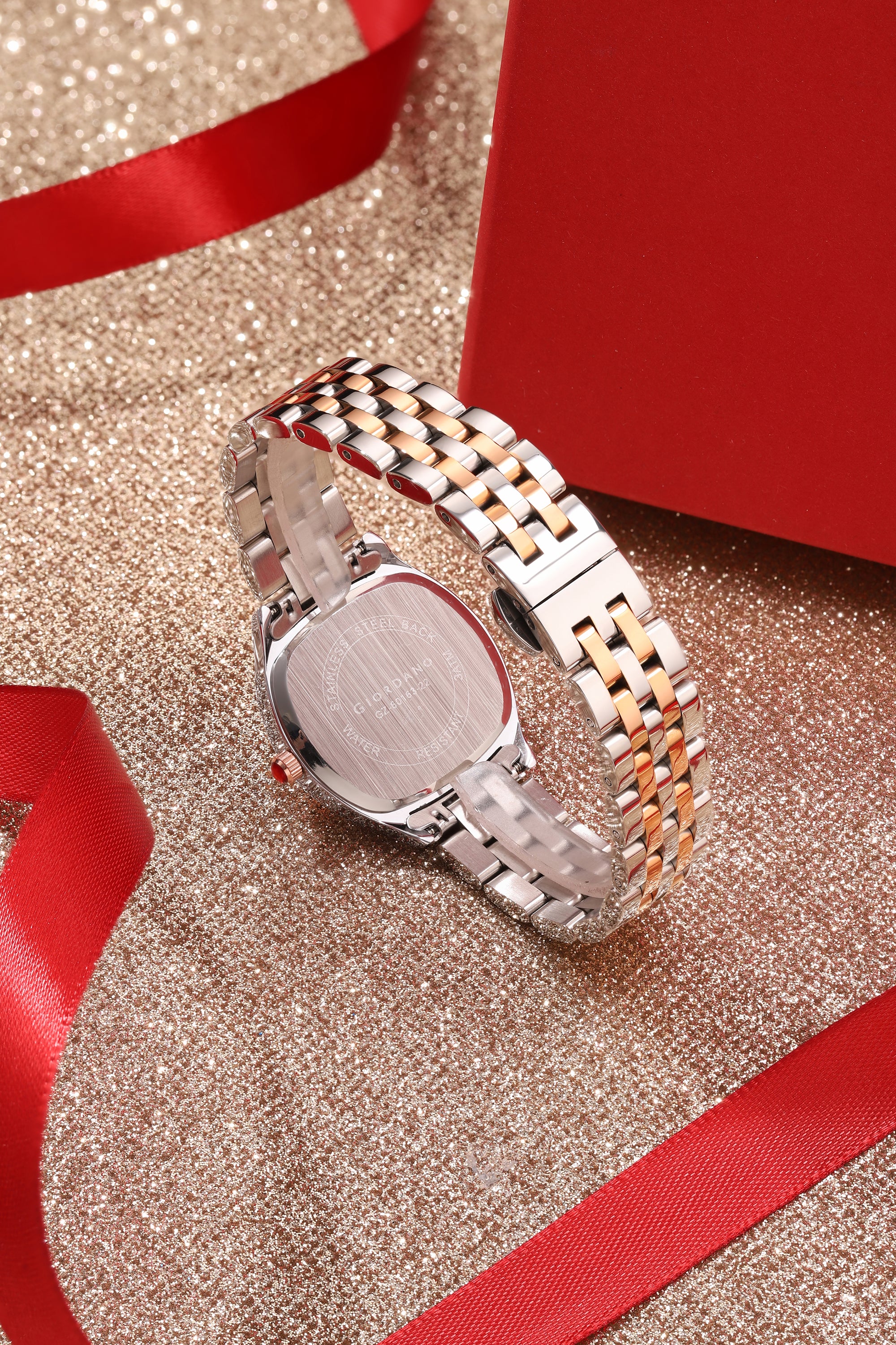 Giordano Analog Quartz Watch for Women with Square Rose Gold Dial, Blue Crown, Crystal Studded Hour Markers and Bezel, Silver and Rose Gold Stainless Steel Strap - GZ-60163-22 - Image 4