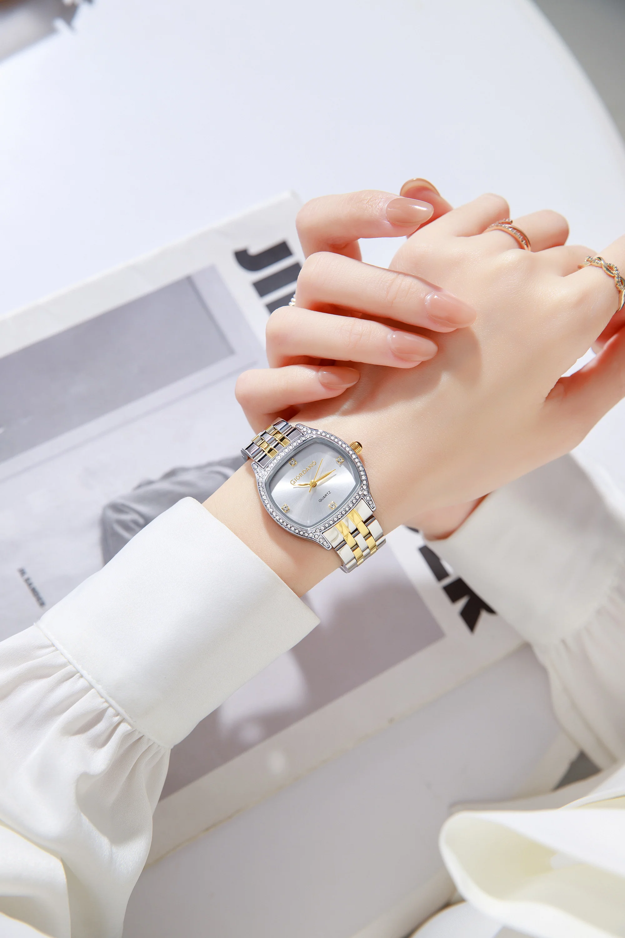 Giordano Analog Quartz Watch for Women with Square White Dial, Blue Crown, Crystal Studded Hour Markers and Bezel, Silver and Gold Stainless Steel Strap - GZ-60163-11 - Image 2