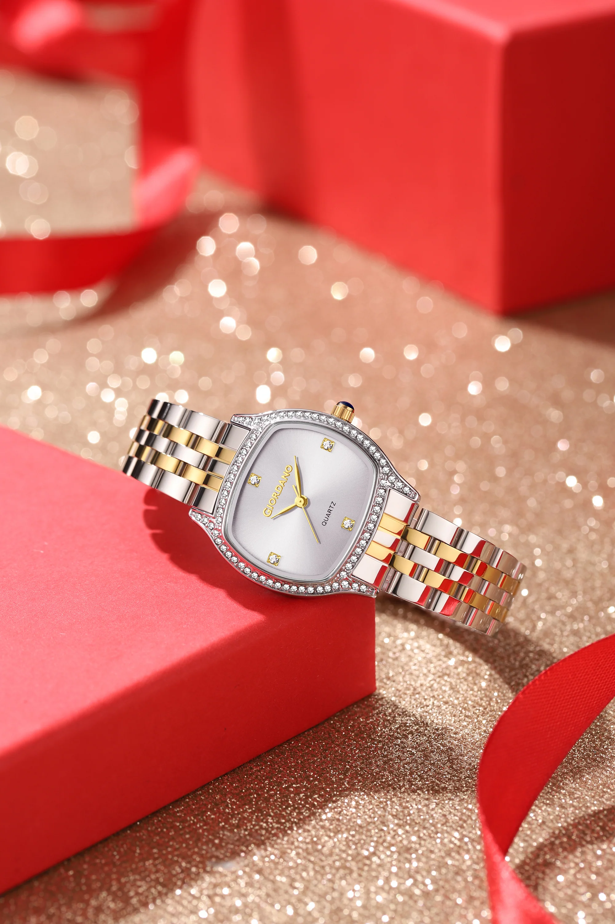 Giordano Analog Quartz Watch for Women with Square White Dial, Blue Crown, Crystal Studded Hour Markers and Bezel, Silver and Gold Stainless Steel Strap - GZ-60163-11 - Image 3