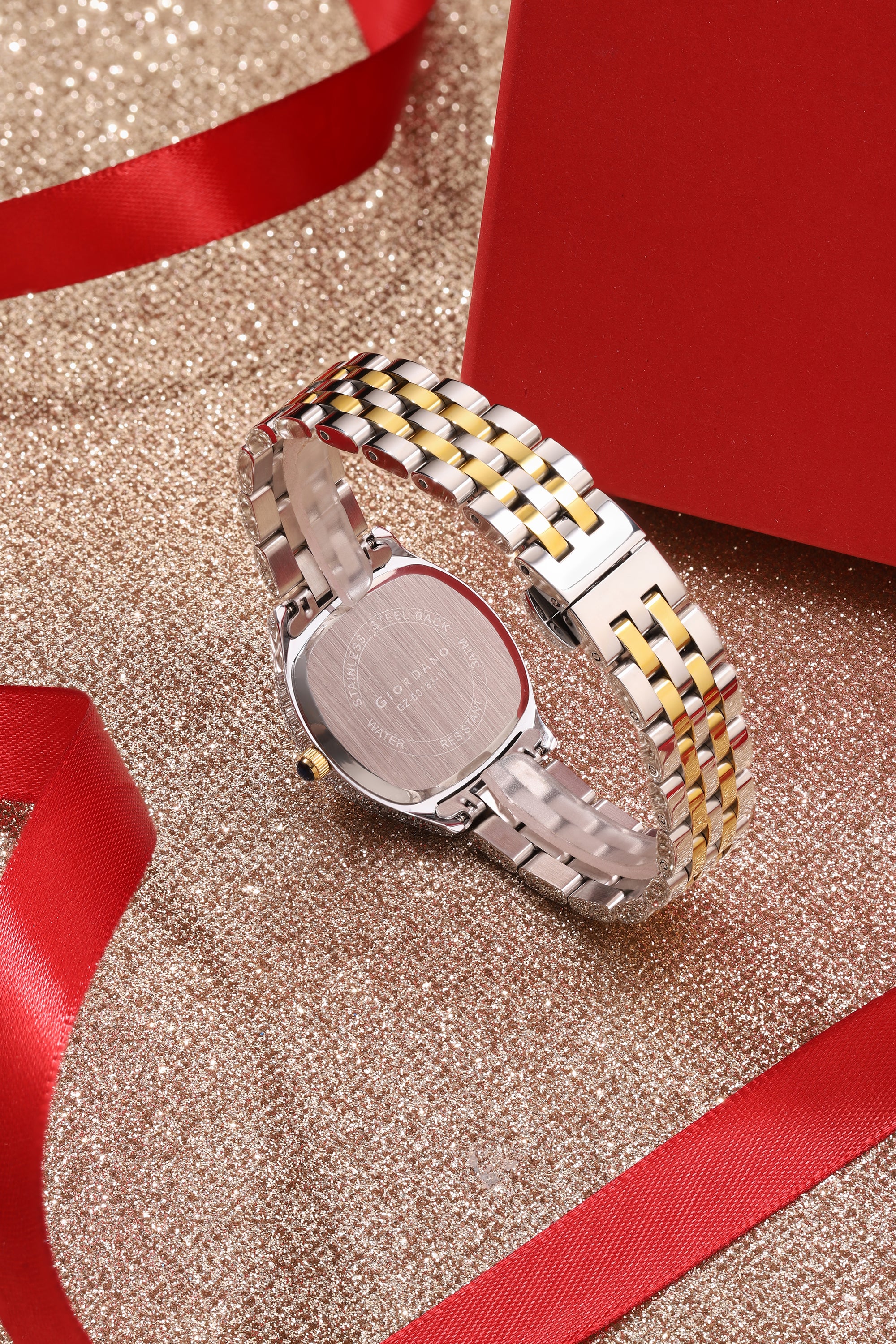 Giordano Analog Quartz Watch for Women with Square White Dial, Blue Crown, Crystal Studded Hour Markers and Bezel, Silver and Gold Stainless Steel Strap - GZ-60163-11 - Image 4