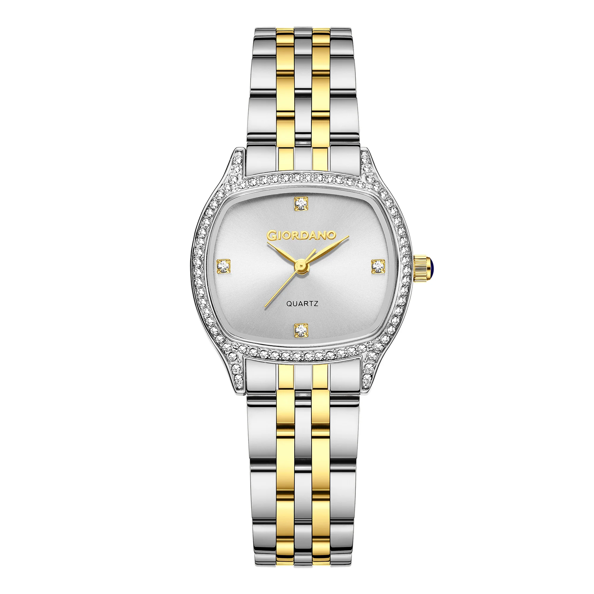 Giordano Analog Quartz Watch for Women with Square White Dial, Blue Crown, Crystal Studded Hour Markers and Bezel, Silver and Gold Stainless Steel Strap - GZ-60163-11 - Image 5