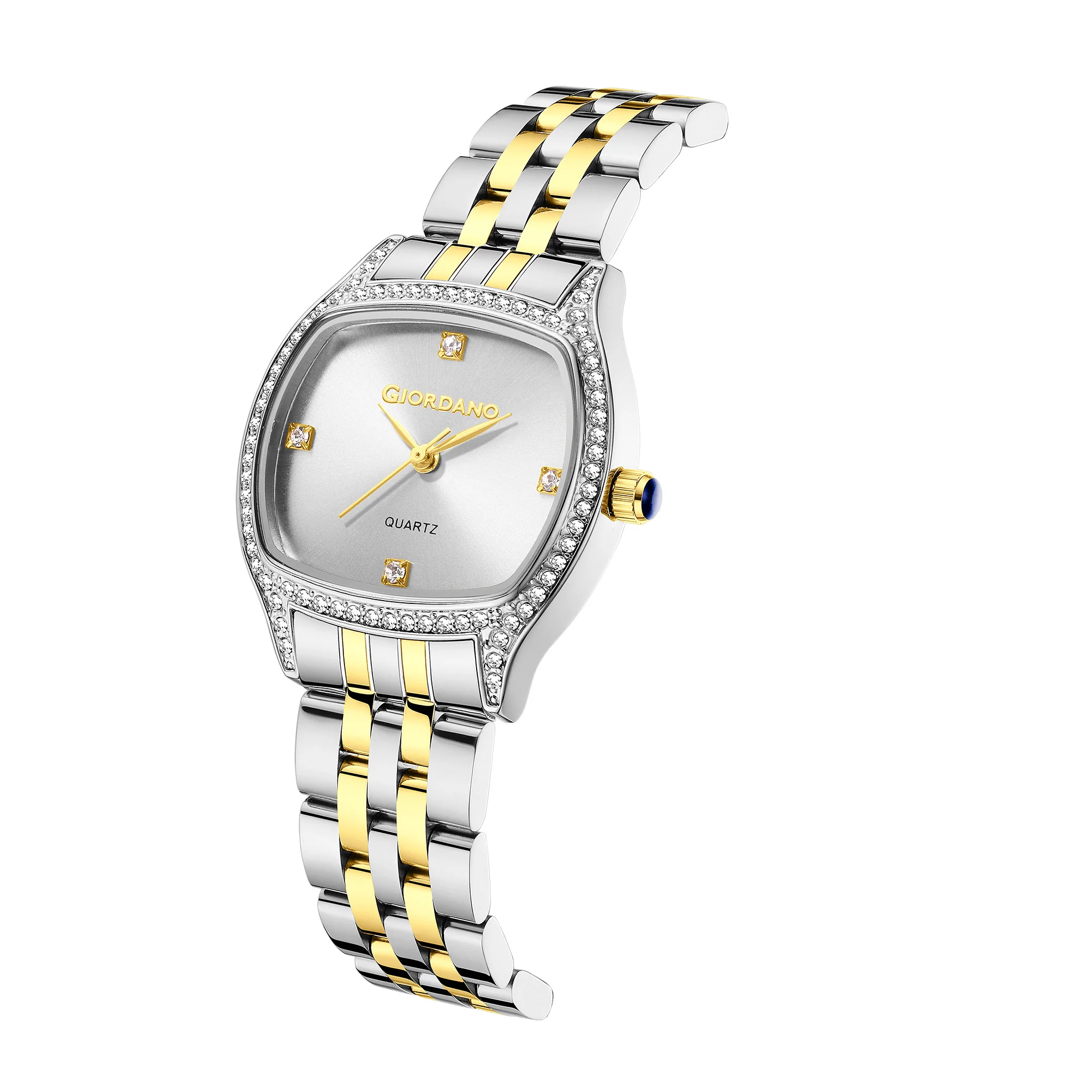 Giordano Analog Quartz Watch for Women with Square White Dial, Blue Crown, Crystal Studded Hour Markers and Bezel, Silver and Gold Stainless Steel Strap - GZ-60163-11 - Image 6