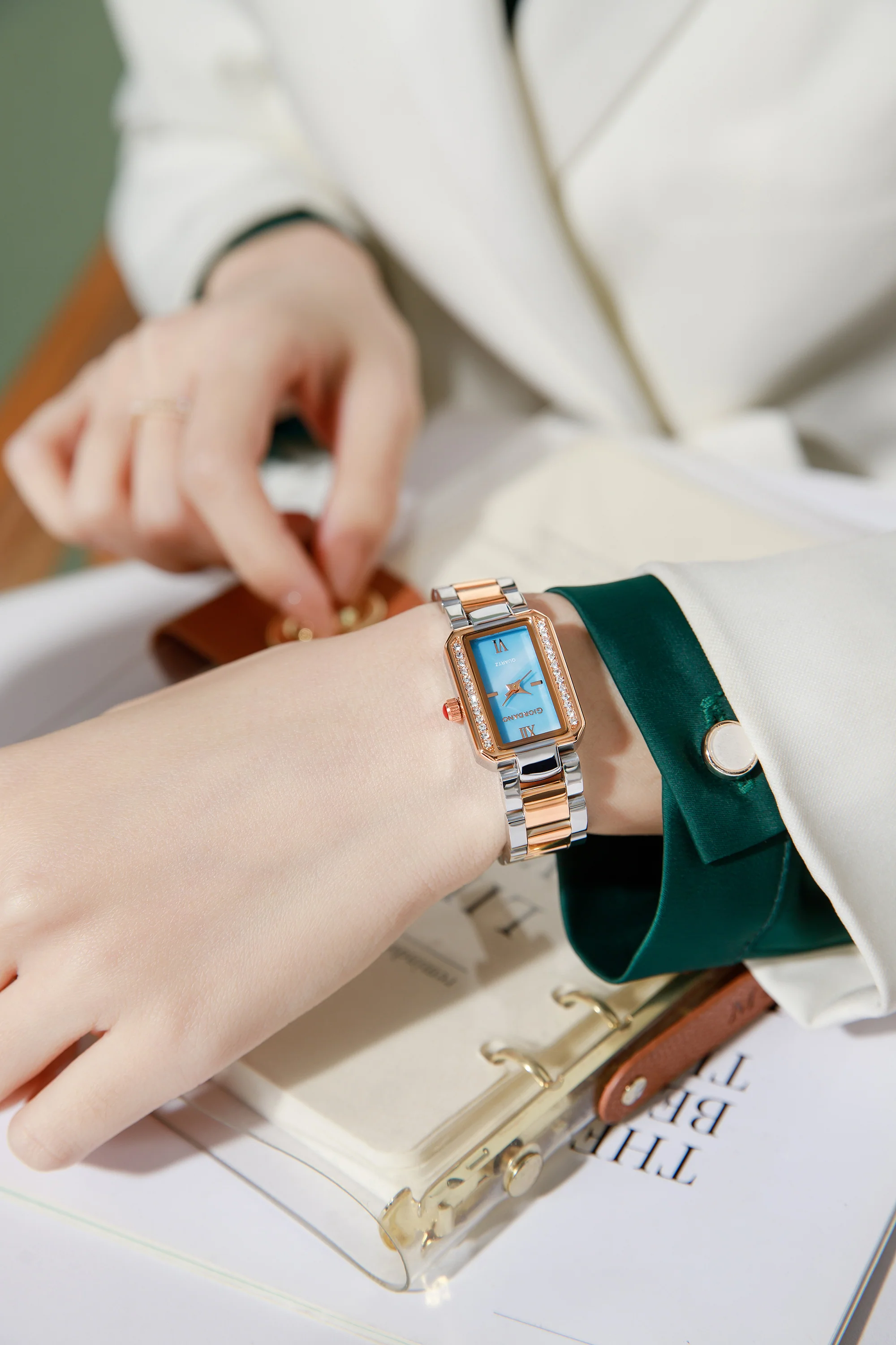 Giordano Analog Quartz Watch for Women with sunray Rectangle Blue Dial, Roman indices, Crystal studded bezel, Blue Crown, Silver and Rose Gold Stainless Steel Strap - GZ-60167-22 - Image 2