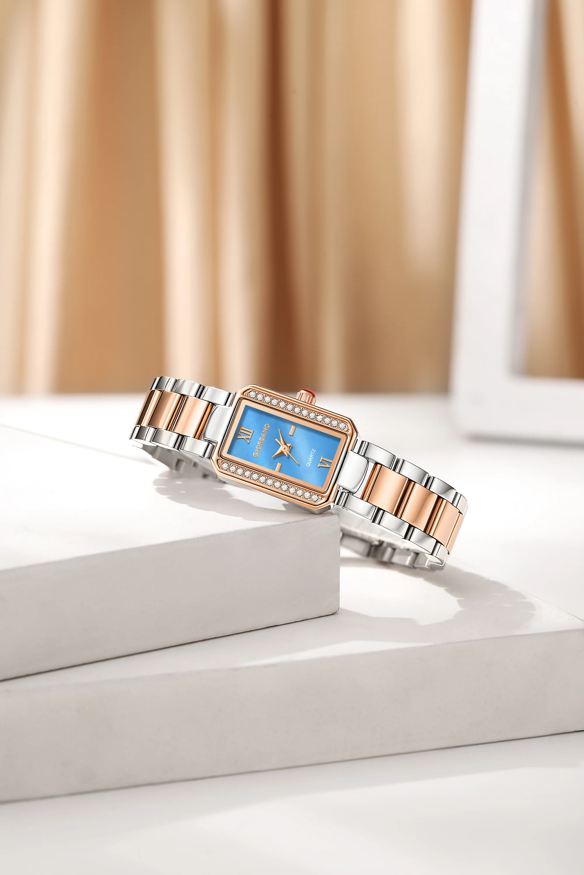 Giordano Analog Quartz Watch for Women with sunray Rectangle Blue Dial, Roman indices, Crystal studded bezel, Blue Crown, Silver and Rose Gold Stainless Steel Strap - GZ-60167-22 - Image 3