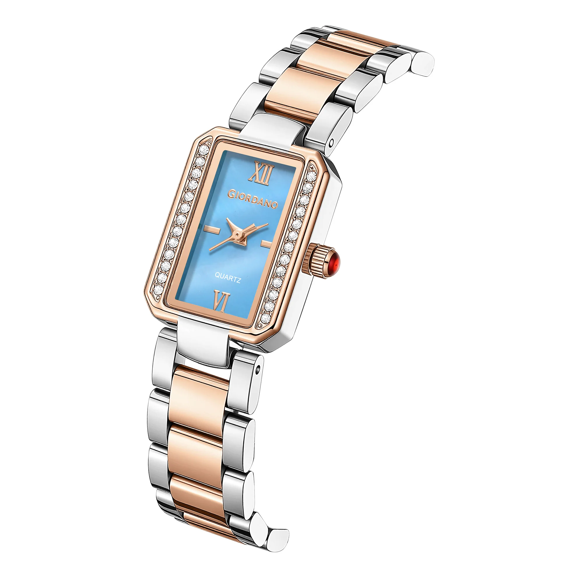 Giordano Analog Quartz Watch for Women with sunray Rectangle Blue Dial, Roman indices, Crystal studded bezel, Blue Crown, Silver and Rose Gold Stainless Steel Strap - GZ-60167-22 - Image 4